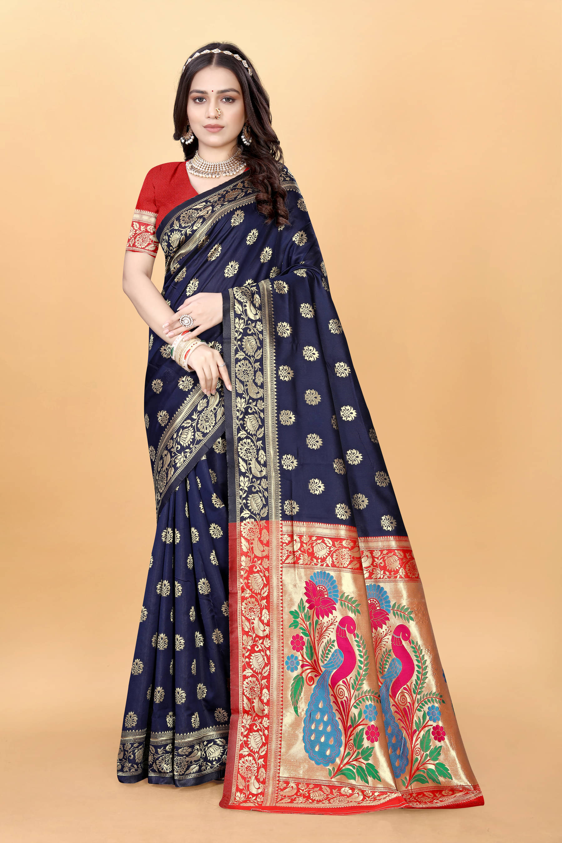 DHAYNA AND REEWA FASHION Jacquard Woven Kanjeevaram Sarees With Unstitched Blouse Piece ( Navy Blue ) DHAYNA AND REEWA FASHION Jacquard Woven Kanjeevaram Sarees With Unstitched Blouse Piece ( Navy Blue )