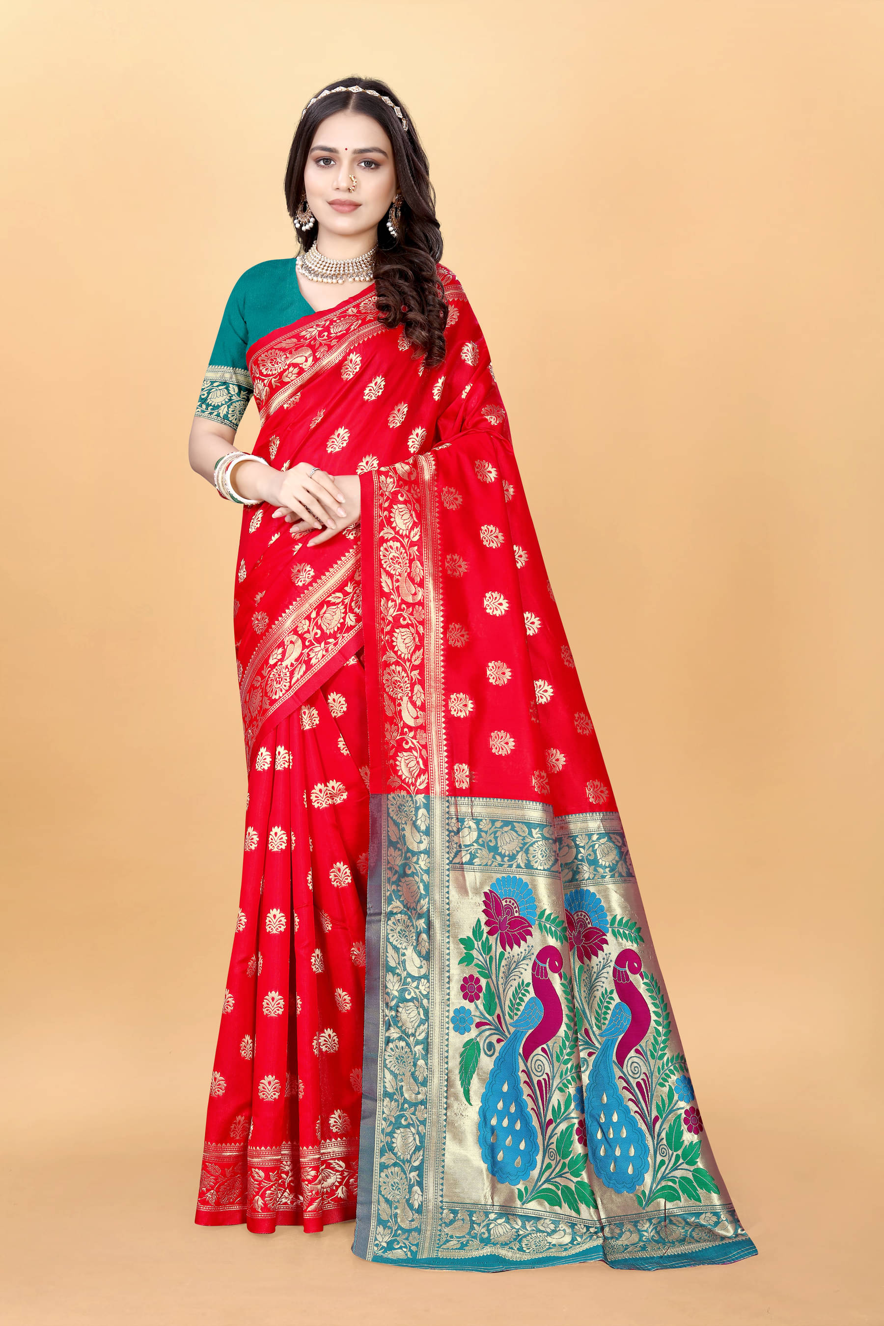     			DHAYNA AND REEWA FASHION Jacquard Woven Kanjeevaram Sarees With Unstitched Blouse Piece ( Red )