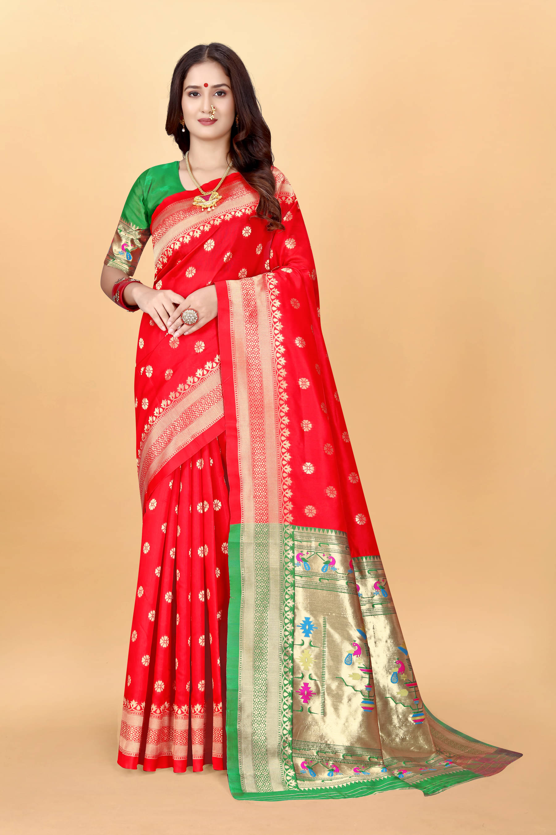 DHAYNA AND REEWA FASHION Organza Woven Paithani Sarees With Unstitched Blouse Piece ( Red )     			DHAYNA AND REEWA FASHION Organza Woven Paithani Sarees With Unstitched Blouse Piece ( Red )