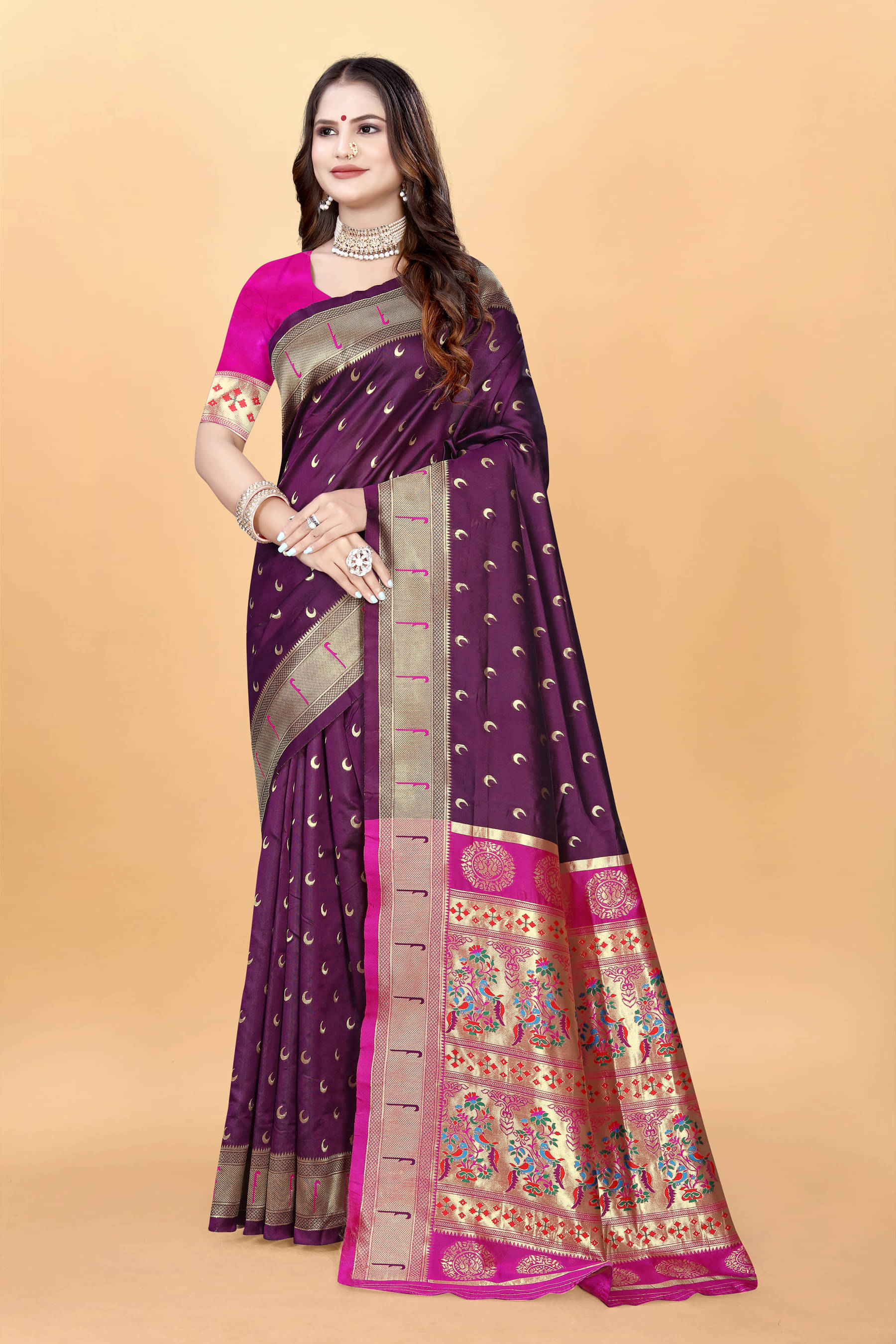 DHAYNA AND REEWA FASHION Organza Woven Paithani Sarees With Unstitched Blouse Piece ( Purple )     			DHAYNA AND REEWA FASHION Organza Woven Paithani Sarees With Unstitched Blouse Piece ( Purple )