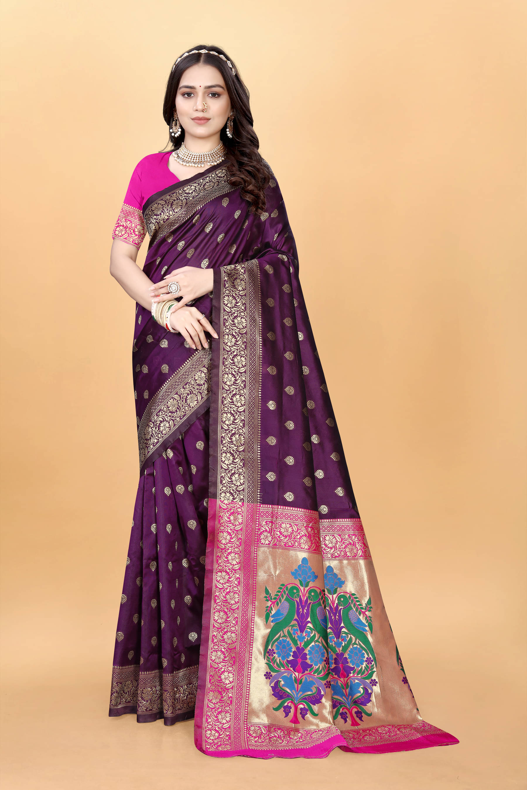 DHAYNA AND REEWA FASHION Organza Woven Kanjeevaram Sarees With Unstitched Blouse Piece ( Purple ) DHAYNA AND REEWA FASHION Organza Woven Kanjeevaram Sarees With Unstitched Blouse Piece ( Purple )