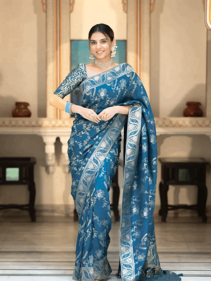 DHAYNA AND REEWA FASHION Organza Embellished Kanjeevaram Sarees With Unstitched Blouse Piece ( Blue ) DHAYNA AND REEWA FASHION Organza Embellished Kanjeevaram Sarees With Unstitched Blouse Piece ( Blue )