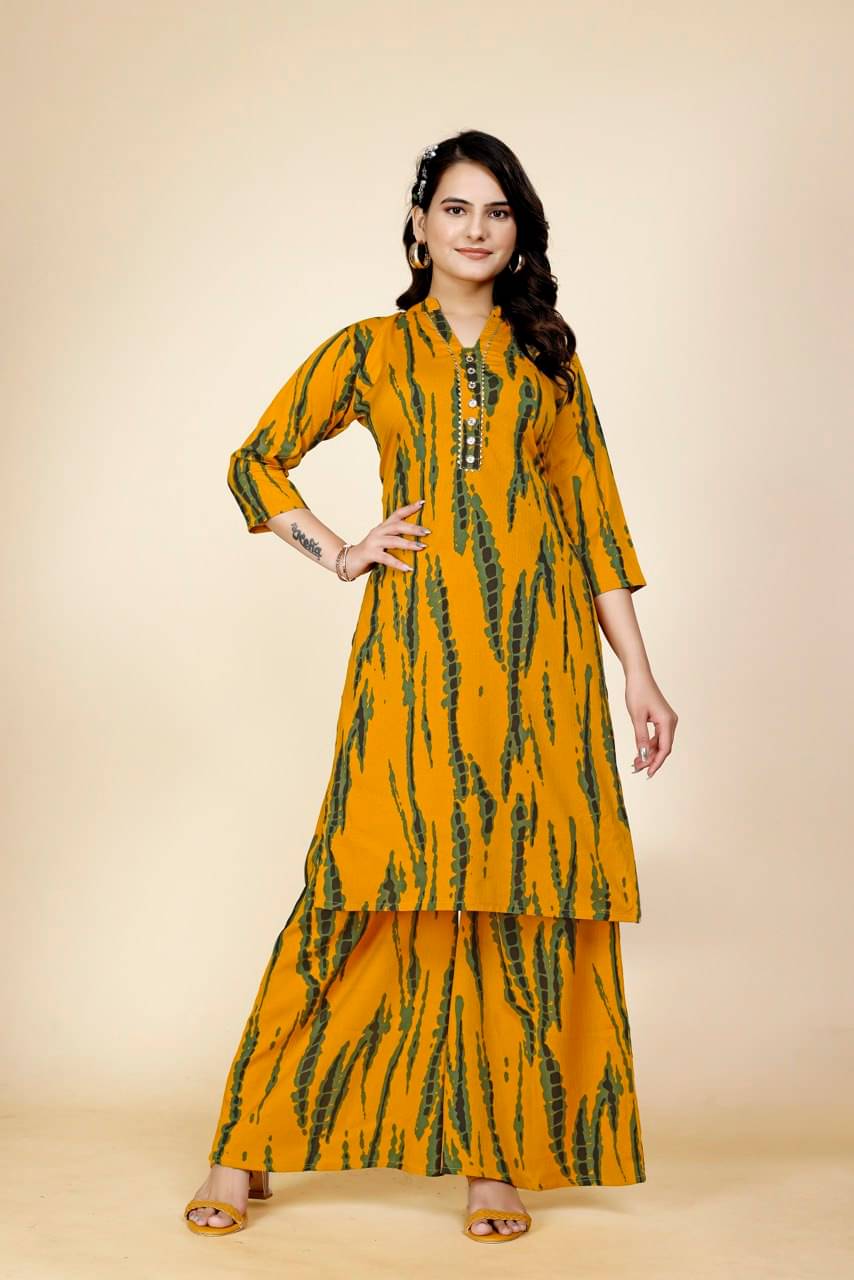 DOJIN Women Crepe Printed Straight Kurti With Palazzo ( Mustard )     			DOJIN Women Crepe Printed Straight Kurti With Palazzo ( Mustard )