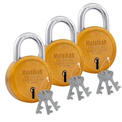 Malaikah Dark Gold Round 65 mm Padlock , Hardened Shackle , Double Locking 8 Lever , Comes with 3 Keys Pack of 3 Malaikah Dark Gold Round 65 mm Padlock , Hardened Shackle , Double Locking 8 Lever , Comes with 3 Keys Pack of 3