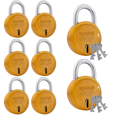 Malaikah Dark Gold Round 65 mm Padlock , Hardened Shackle , Double Locking 8 Lever , Comes with 3 Keys Pack of 8 Malaikah Dark Gold Round 65 mm Padlock , Hardened Shackle , Double Locking 8 Lever , Comes with 3 Keys Pack of 8