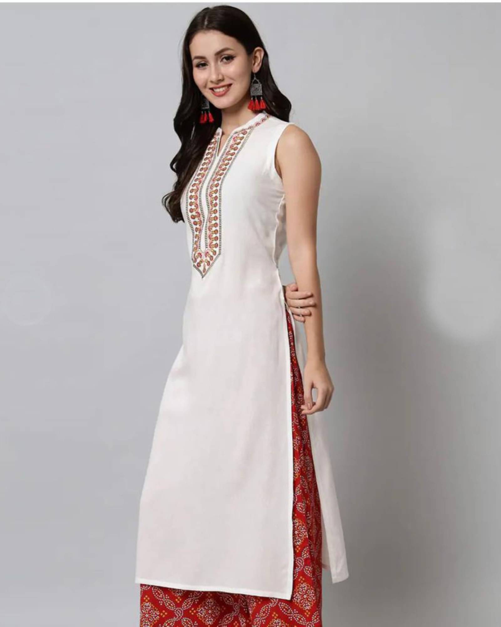     			Emica Women Viscose Rayon Embroidered Straight Kurti ( White )