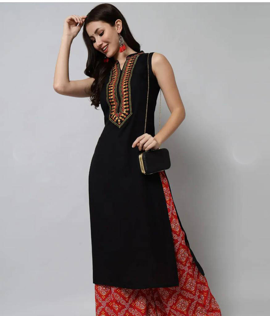 Emica Women Viscose Rayon Embroidered Straight Kurti ( Black ) Emica Women Viscose Rayon Embroidered Straight Kurti ( Black )