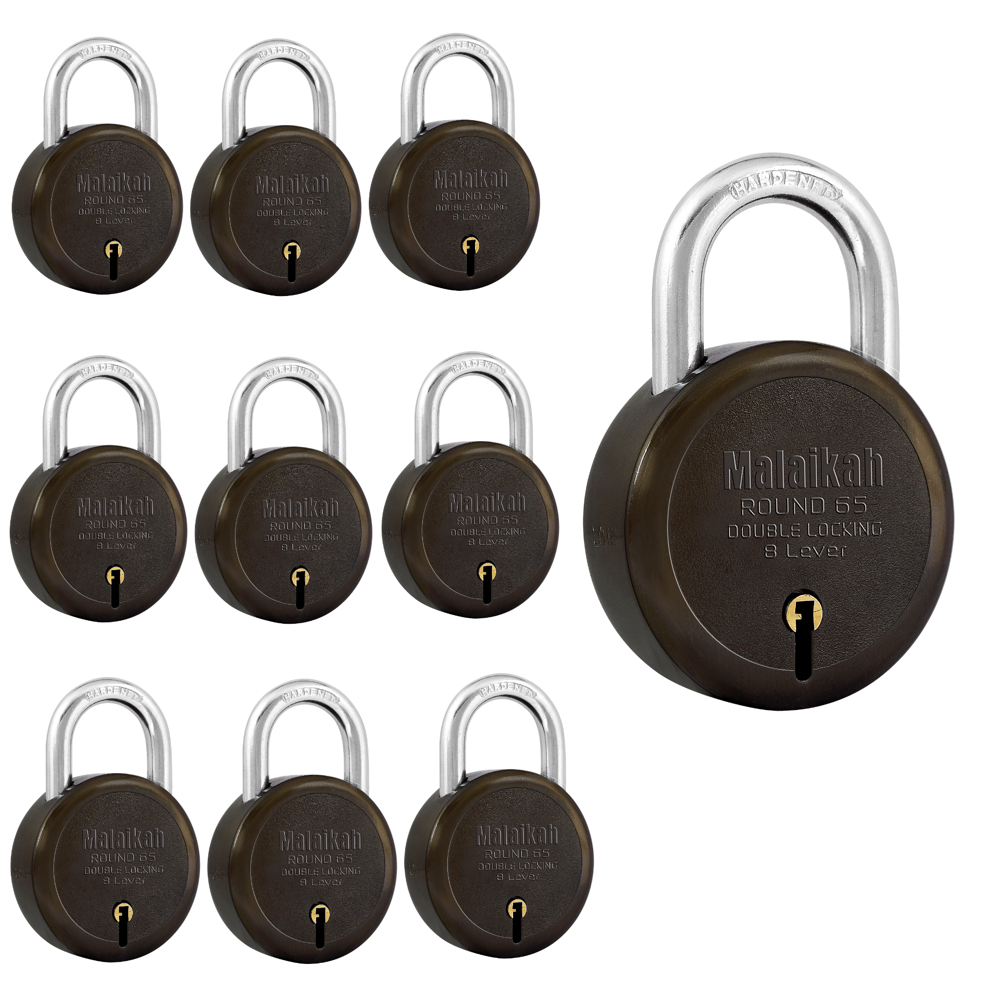     			Malaikah Green Round 65 mm Padlock , Hardened Shackle , Double Locking 8 Lever , Comes with 3 Keys Pack of 10