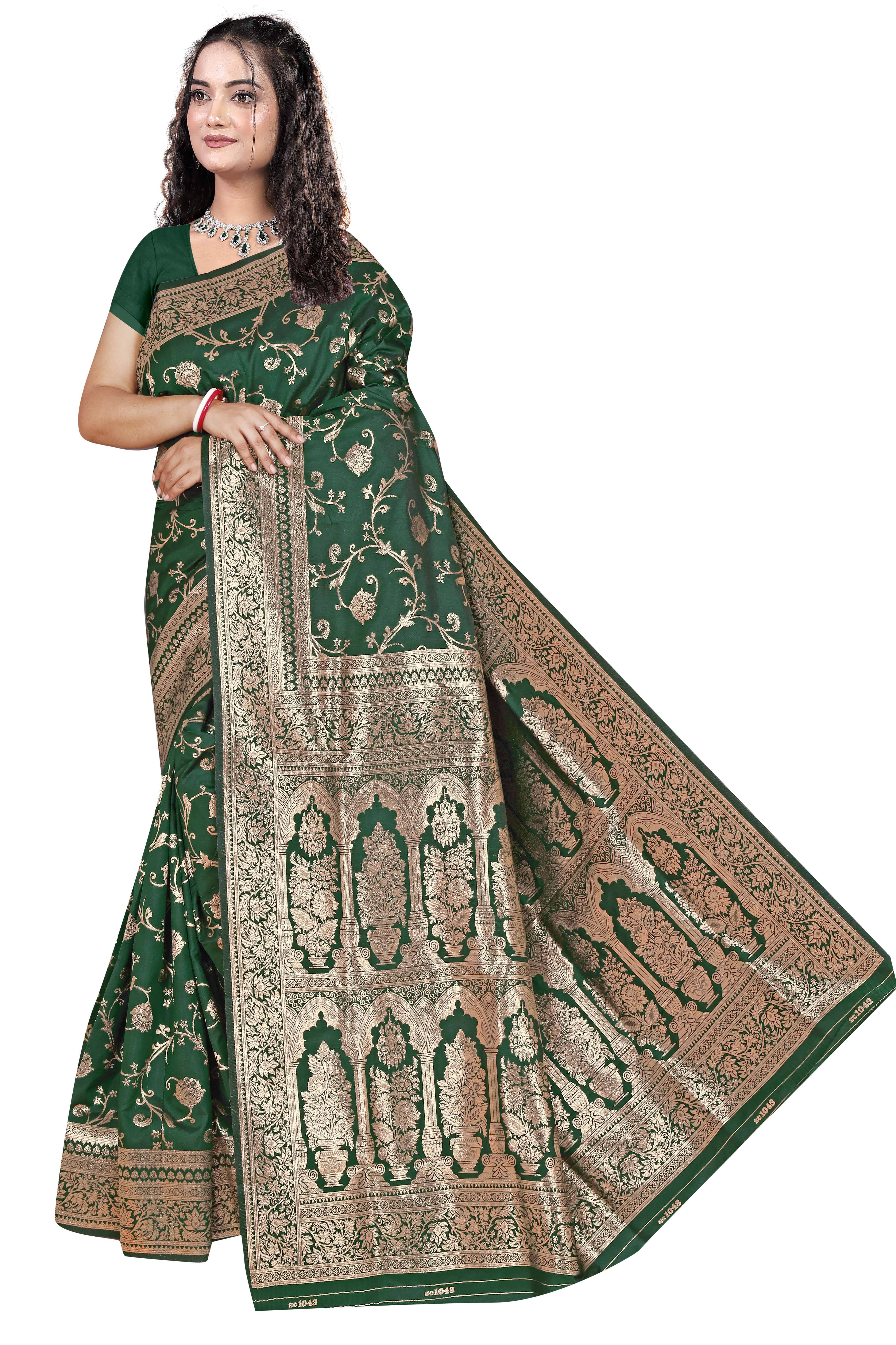 Gullak Polyester Printed Banarasi saree With Unstitched Blouse Piece ( Green )     			Gullak Polyester Printed Banarasi saree With Unstitched Blouse Piece ( Green )