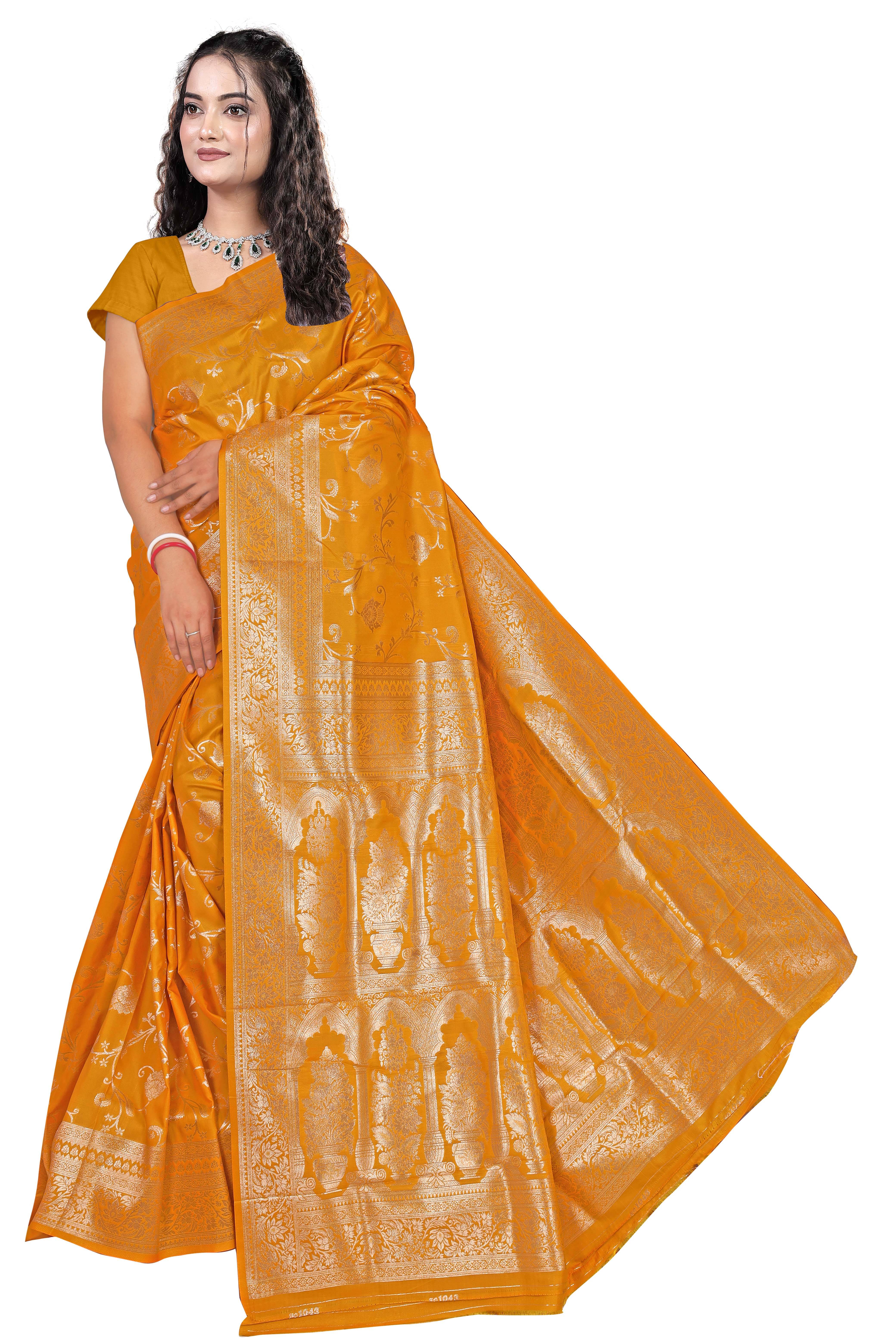 Gullak Polyester Printed Banarasi saree With Unstitched Blouse Piece ( Gold ) Gullak Polyester Printed Banarasi saree With Unstitched Blouse Piece ( Gold )