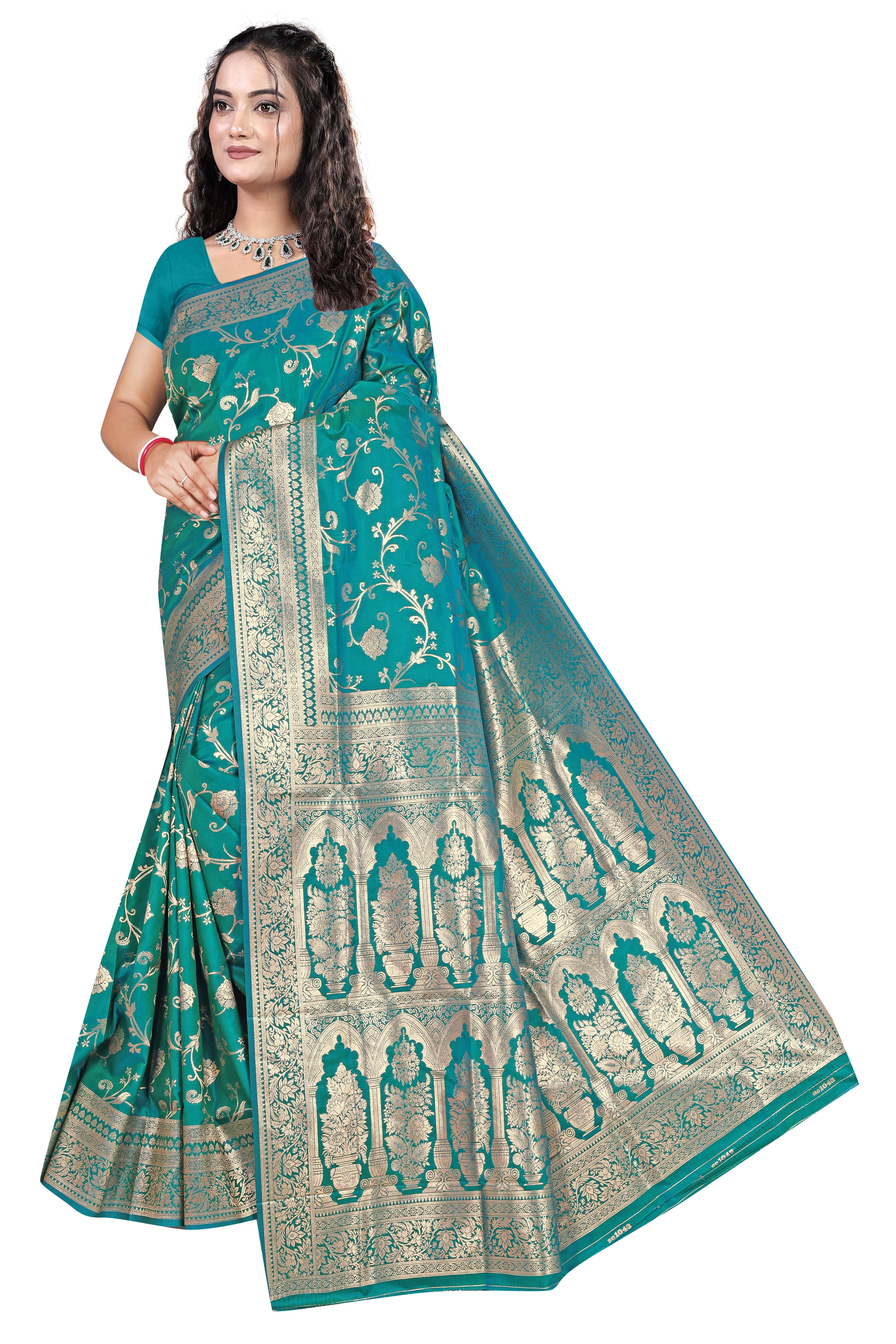     			Gullak Polyester Printed Banarasi saree With Unstitched Blouse Piece ( Green )
