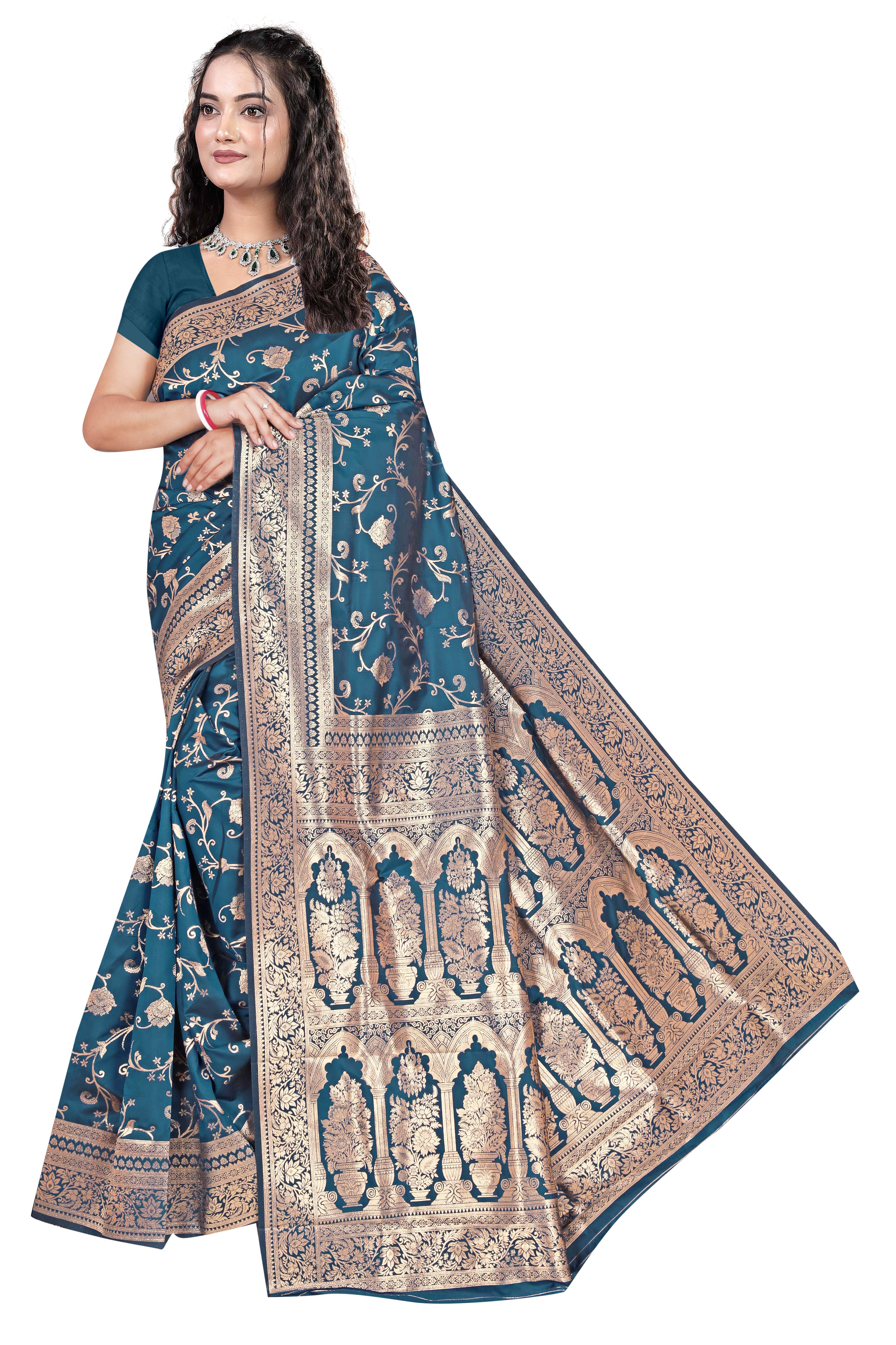 Gullak Polyester Printed Banarasi saree With Unstitched Blouse Piece ( Teal ) Gullak Polyester Printed Banarasi saree With Unstitched Blouse Piece ( Teal )