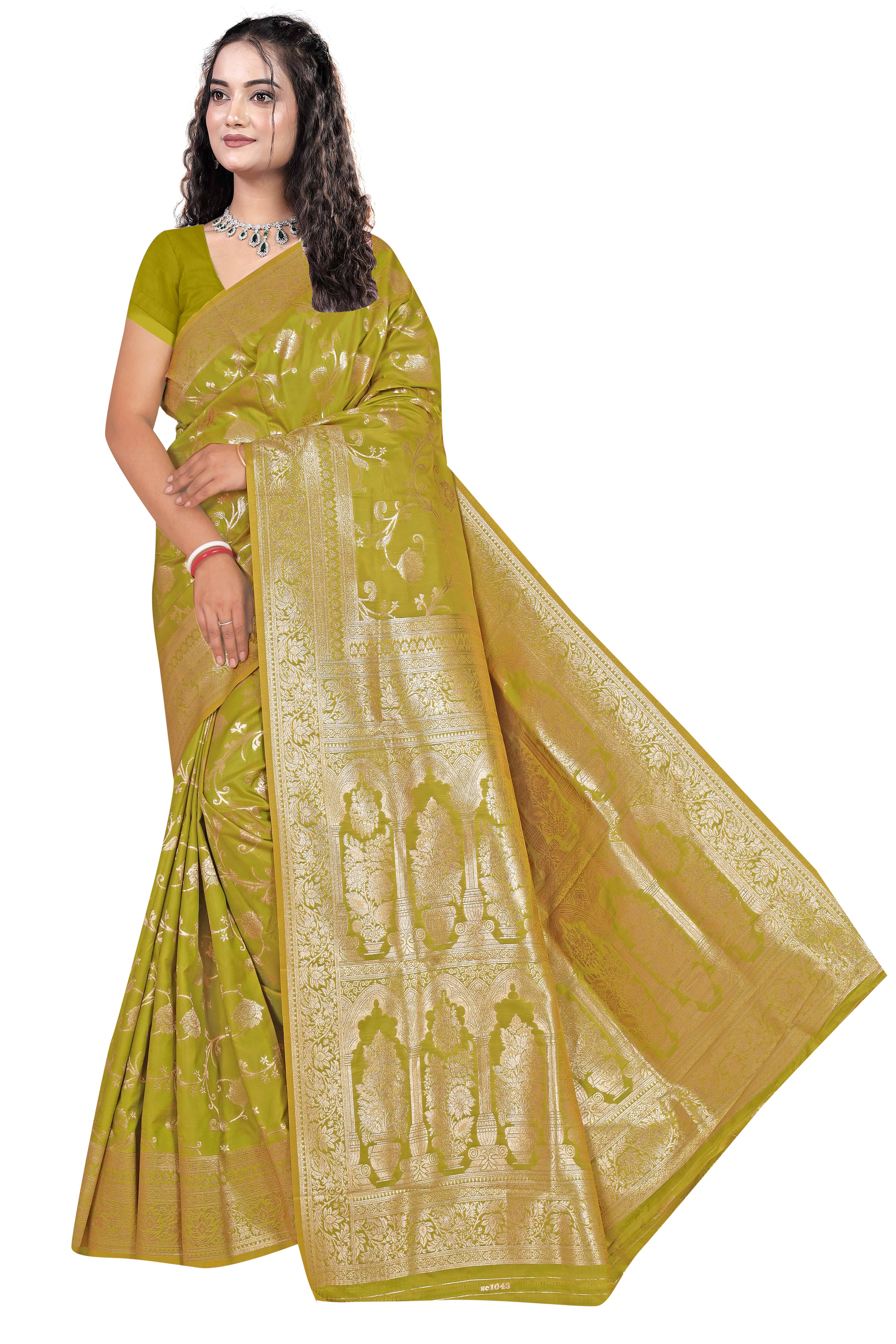 Gullak Polyester Printed Banarasi saree With Unstitched Blouse Piece ( Green )     			Gullak Polyester Printed Banarasi saree With Unstitched Blouse Piece ( Green )