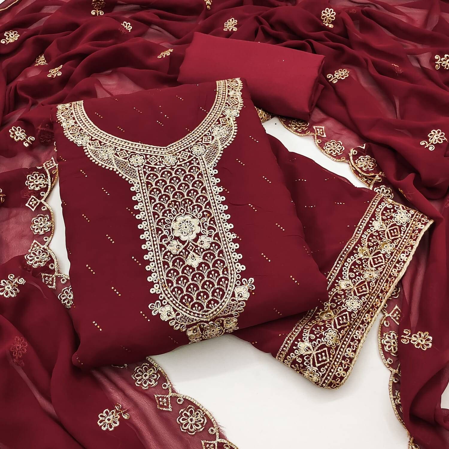 HL SILKMILLS Women Georgette Unstitched Dress Material ( Maroon )     			HL SILKMILLS Women Georgette Unstitched Dress Material ( Maroon )