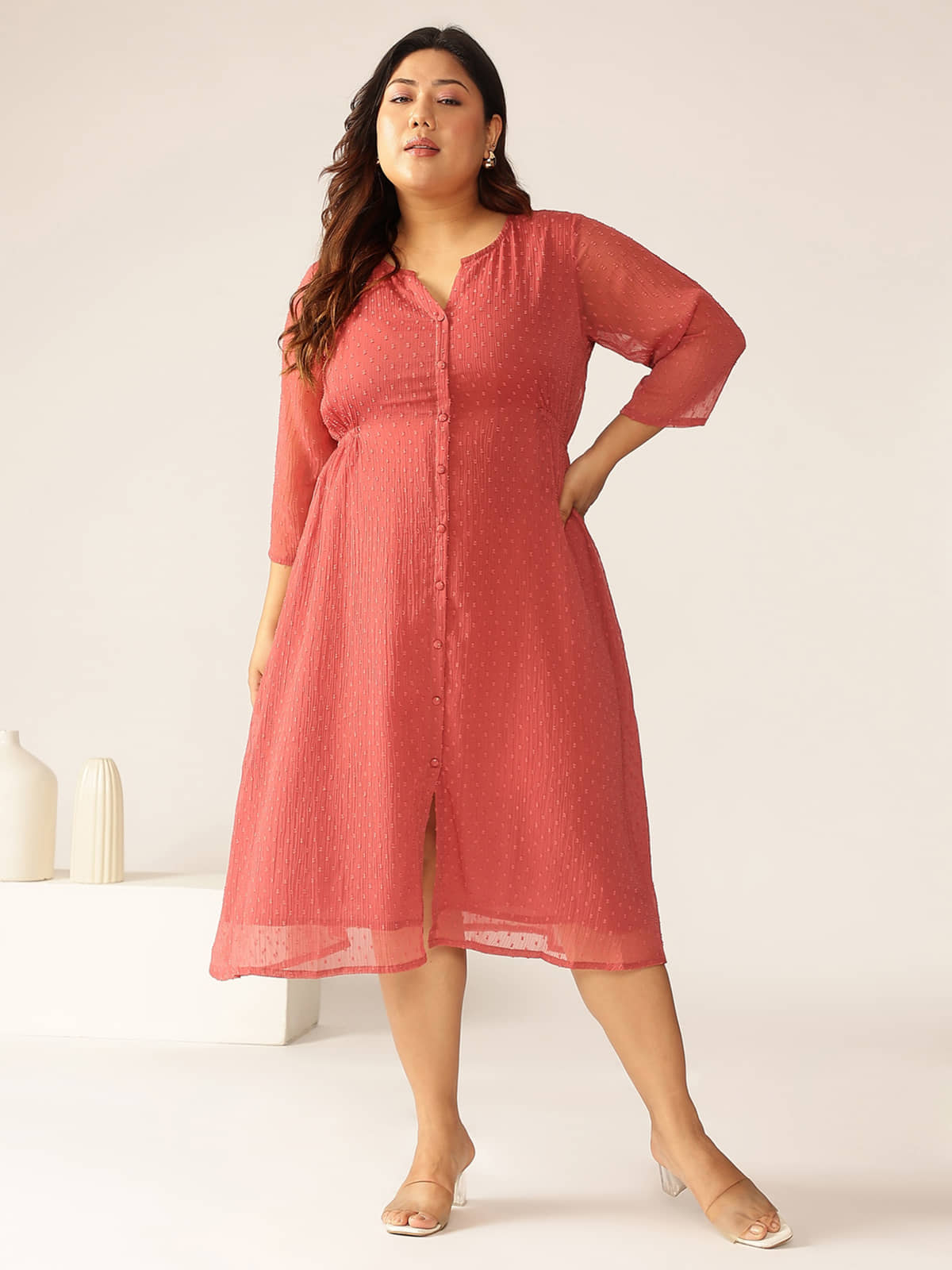 Janasya Women Chiffon Self Design A-line Dress ( Mauve )