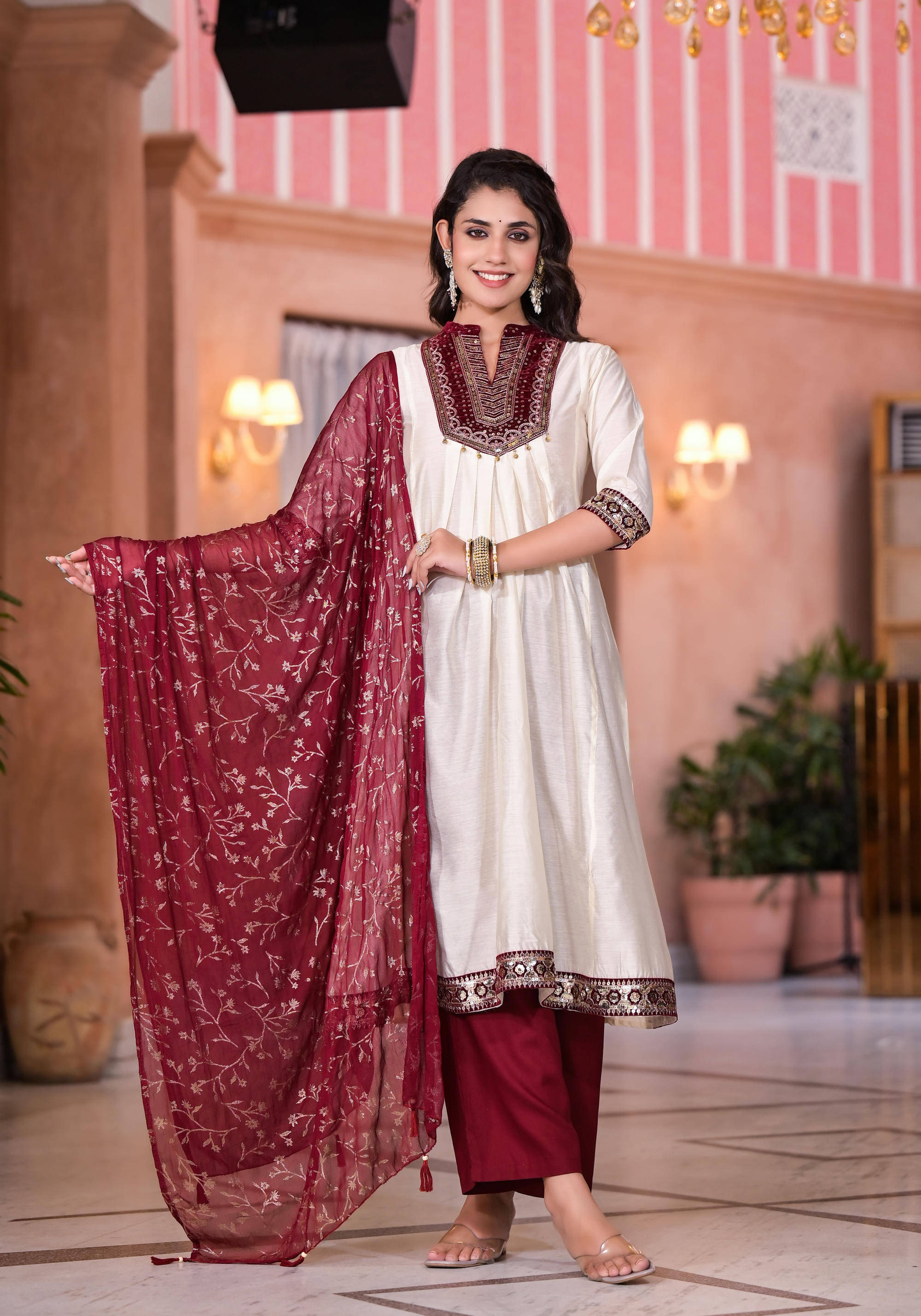 Juniper Women Chanderi Embroidered A-line Kurti With Palazzo ( Beige ) Juniper Women Chanderi Embroidered A-line Kurti With Palazzo ( Beige )