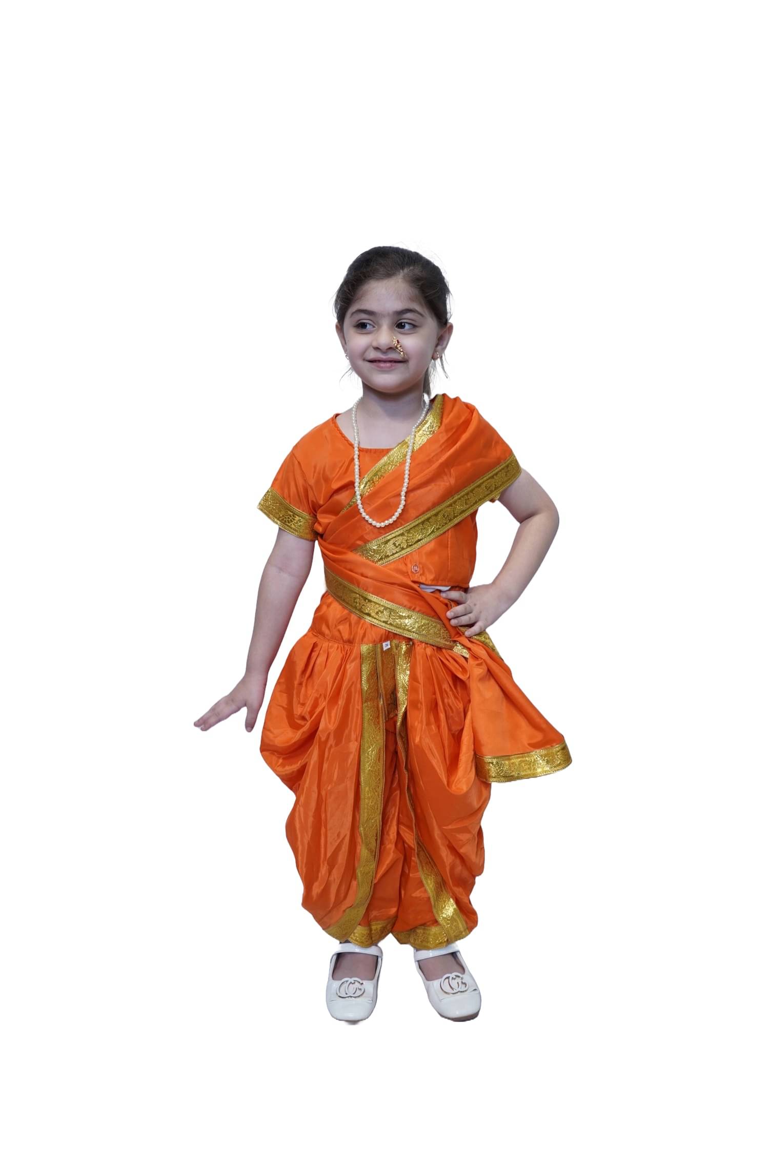     			Kaku Fancy Dresses Marathi Girl Lavni Folk Dance Costume with Jewellery for Kids - Orange, 3-4 Years