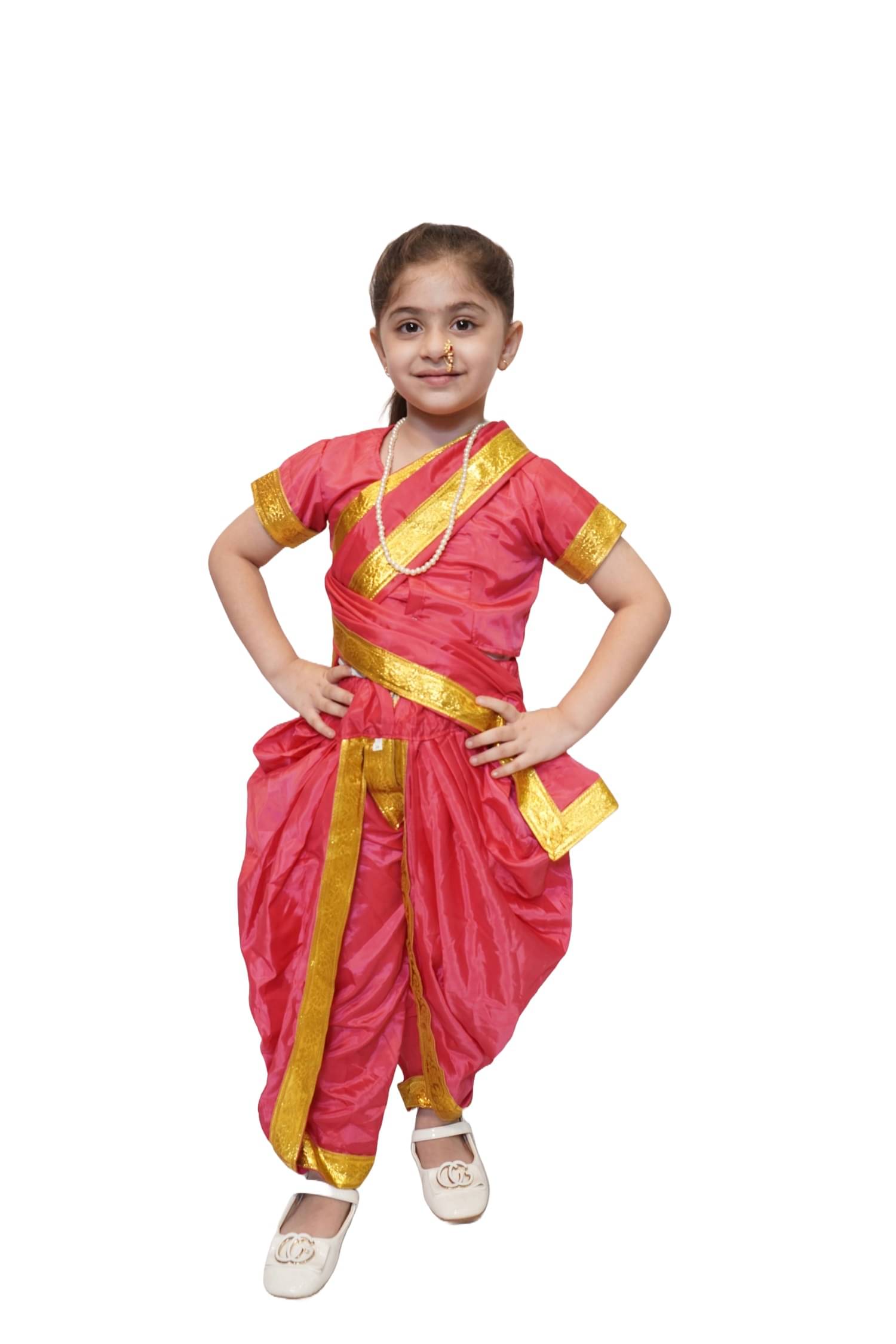     			Kaku Fancy Dresses Marathi Girl Lavni Folk Dance Costume with Jewellery for Kids - Magenta, 10-12 Years
