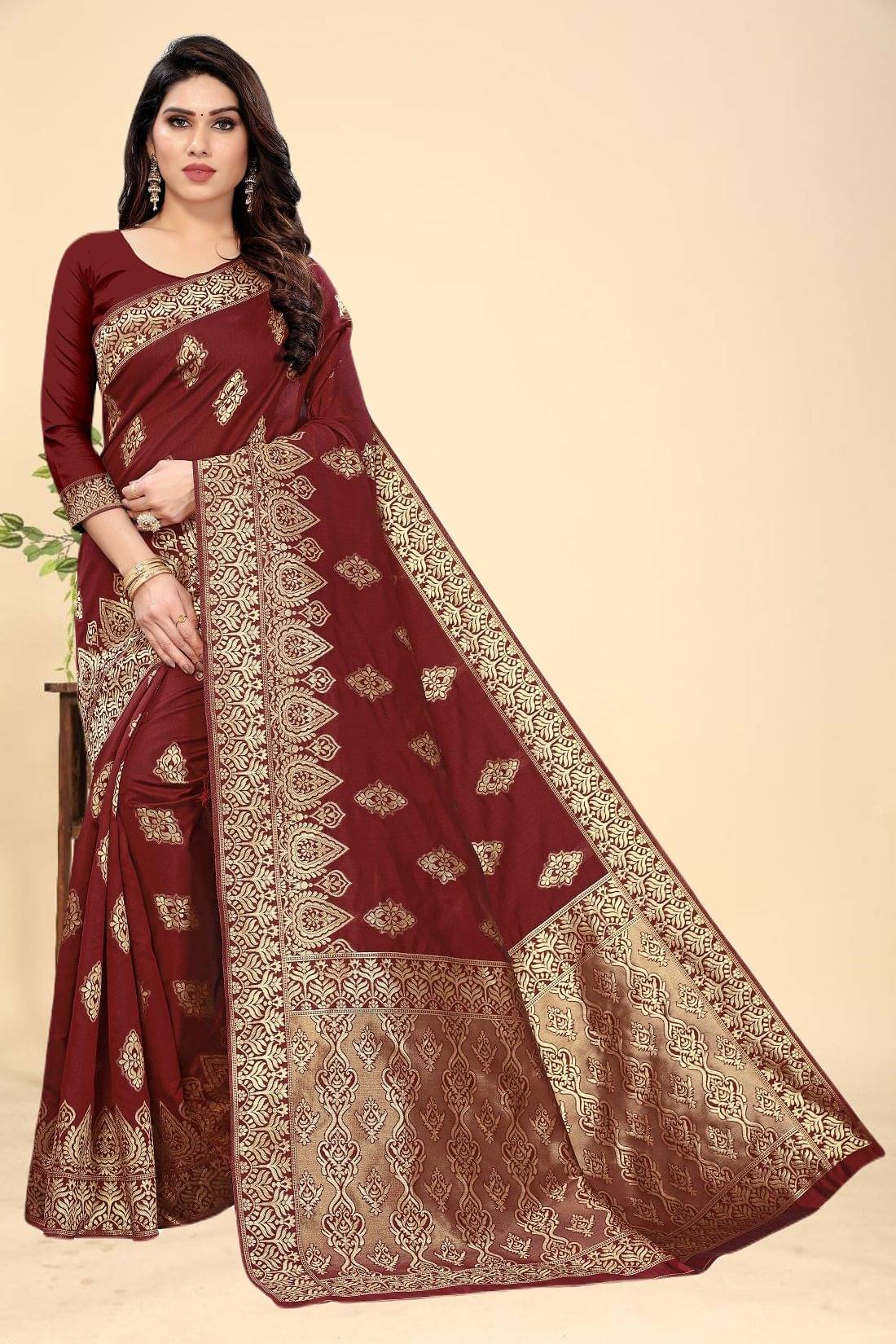 Kevami Fashion Silk Blend Embellished Banarasi saree With Unstitched Blouse Piece ( Maroon ) Kevami Fashion Silk Blend Embellished Banarasi saree With Unstitched Blouse Piece ( Maroon )