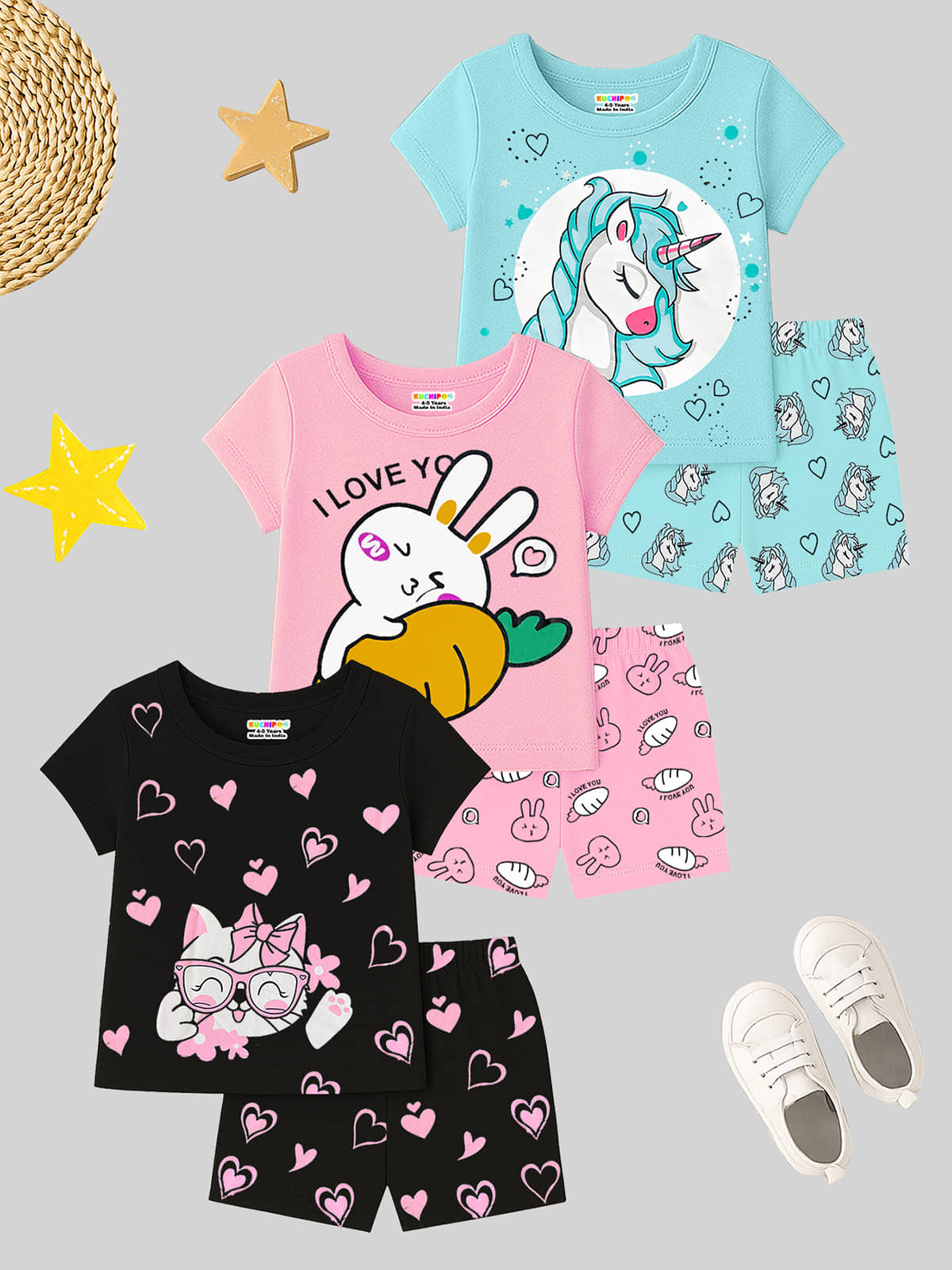 Kuchipoo Pack of 3 Girls Cotton Blend T-shirt & Shorts ( Multicolor 15 )