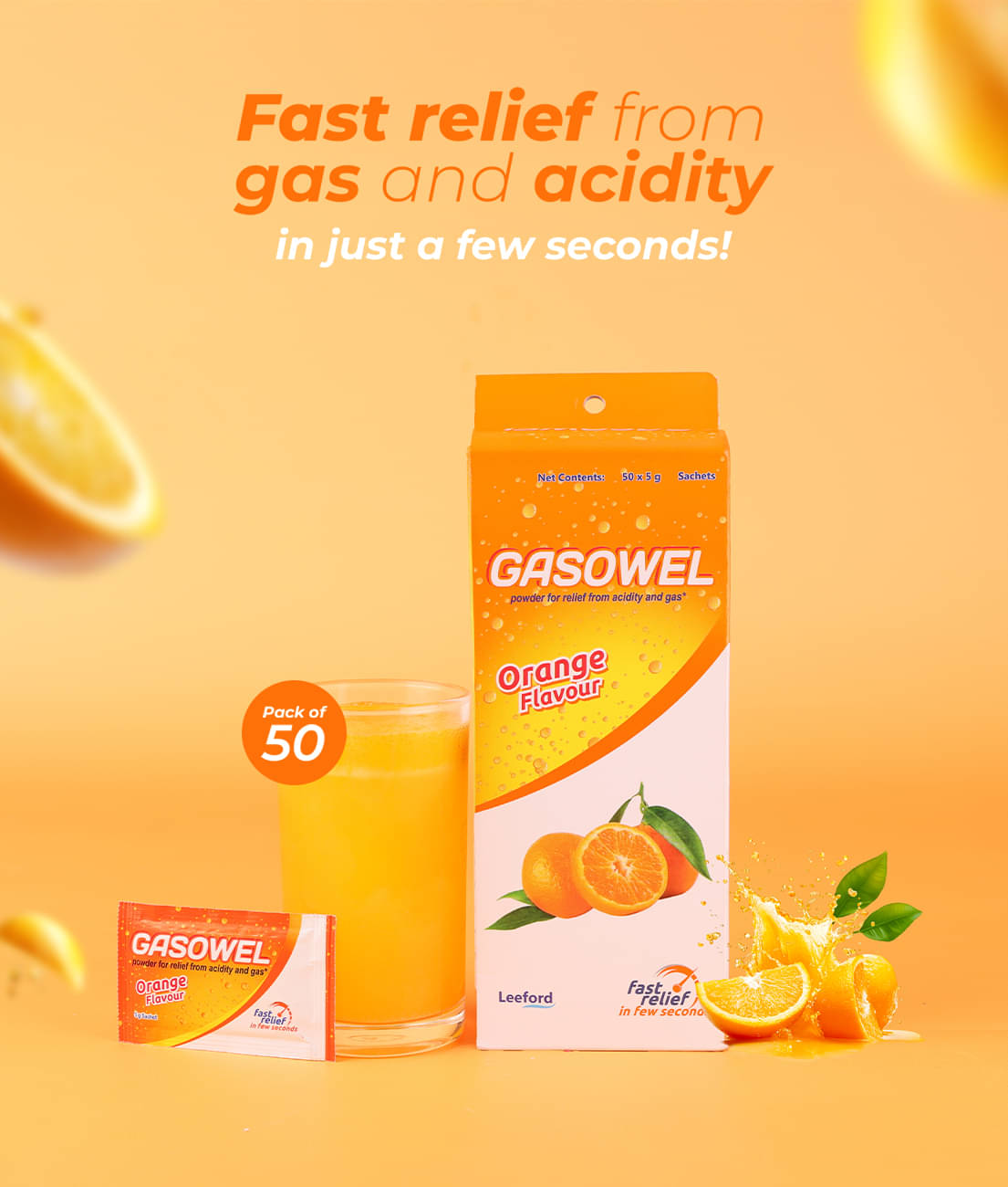     			Gasowel Orange Flavour Antacid Powder| 50 x 5g Sachets | Fast Relief from Gas & Acidity
