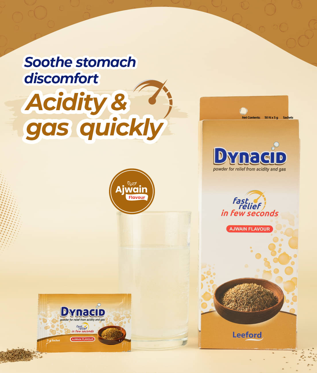 Leeford Dynacid Powder|Ajwain Flavor 50 x 5g Sachets|Ayurvedic Acidity Relief for Gas & Indigestion Leeford Dynacid Powder|Ajwain Flavor 50 x 5g Sachets|Ayurvedic Acidity Relief for Gas & Indigestion
