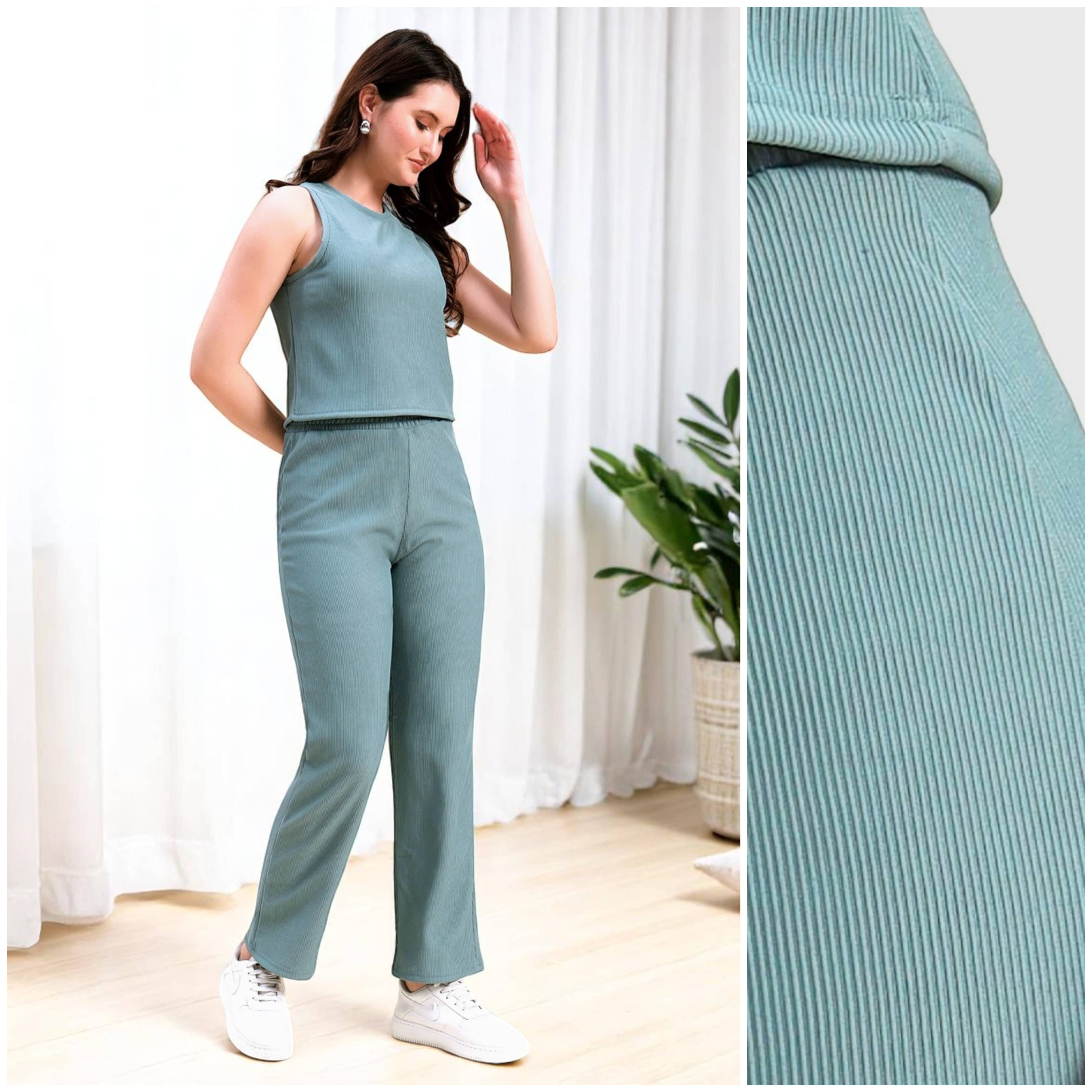     			Leewan Women Solid T-Shirt With Trousers Co-Ord Set ( Mint Green )