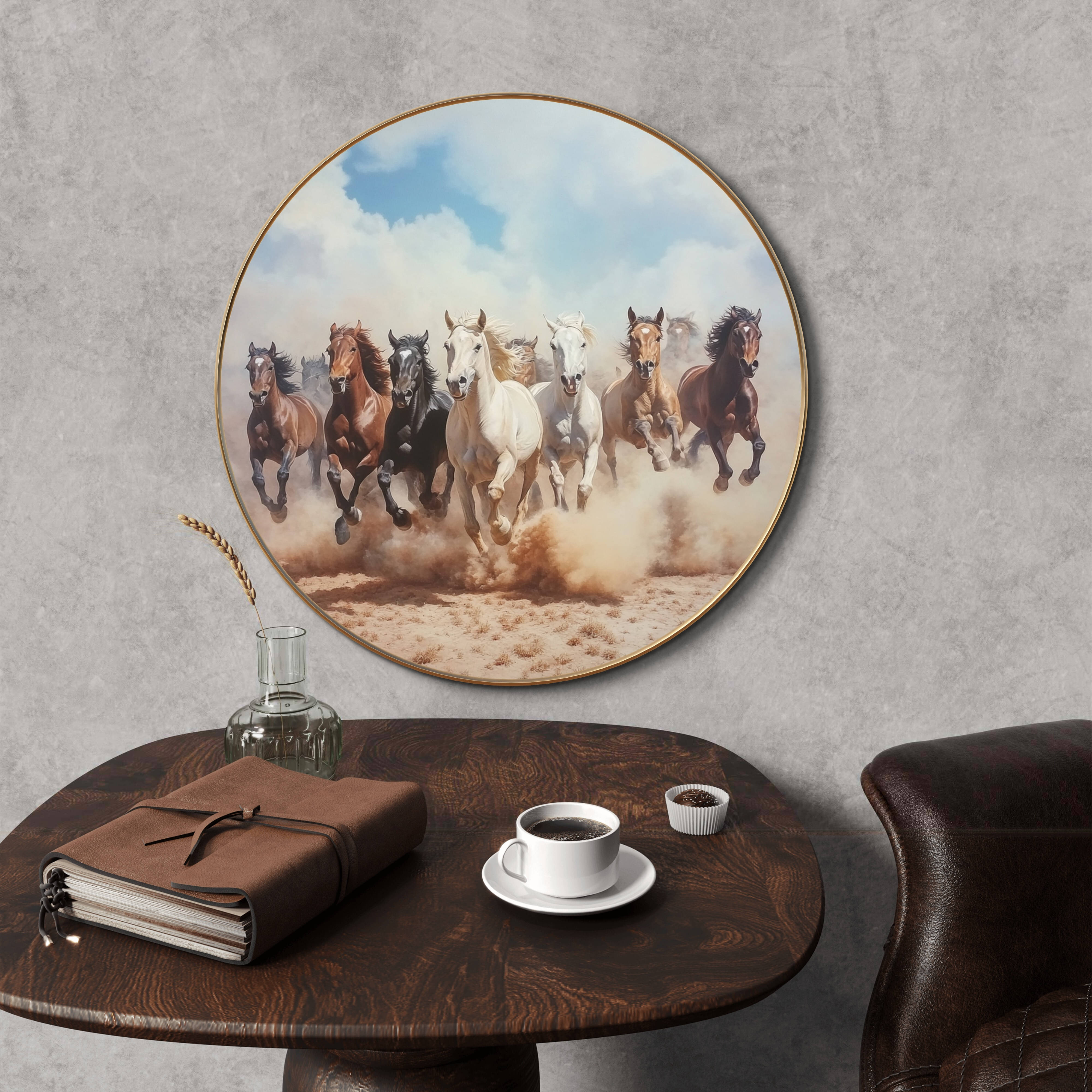 Livin'luxe paintings 7 Running horses Wall Painting with Frame - Sparkle Glossy Round Golden Framed Large Painting for Office     			Livin'luxe paintings 7 Running horses Wall Painting with Frame - Sparkle Glossy Round Golden Framed Large Painting for Office