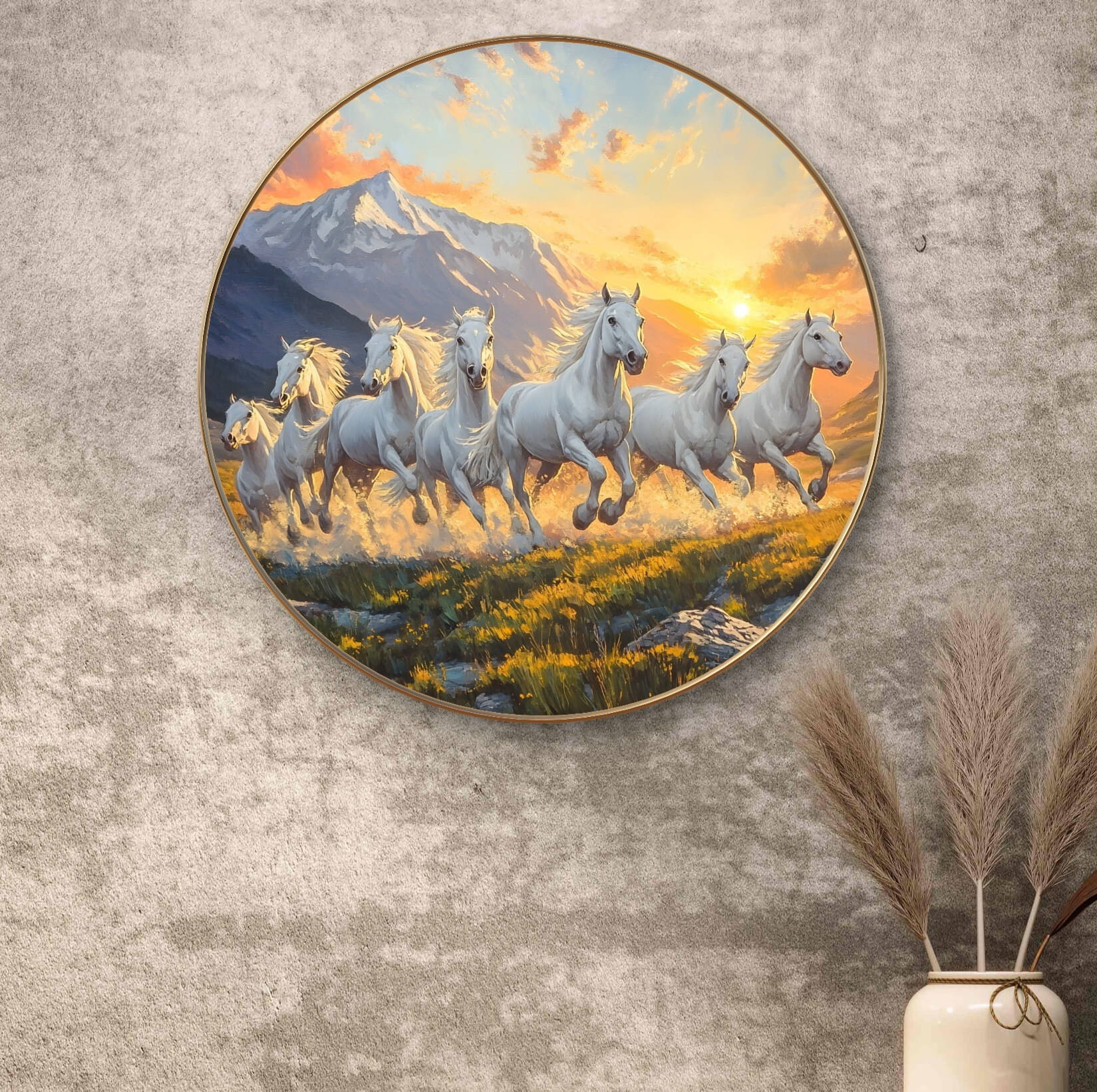     			Livin'luxe paintings 7 Running horses Wall Painting with Frame - Sparkle Glossy Round Golden Framed Large Painting for Office