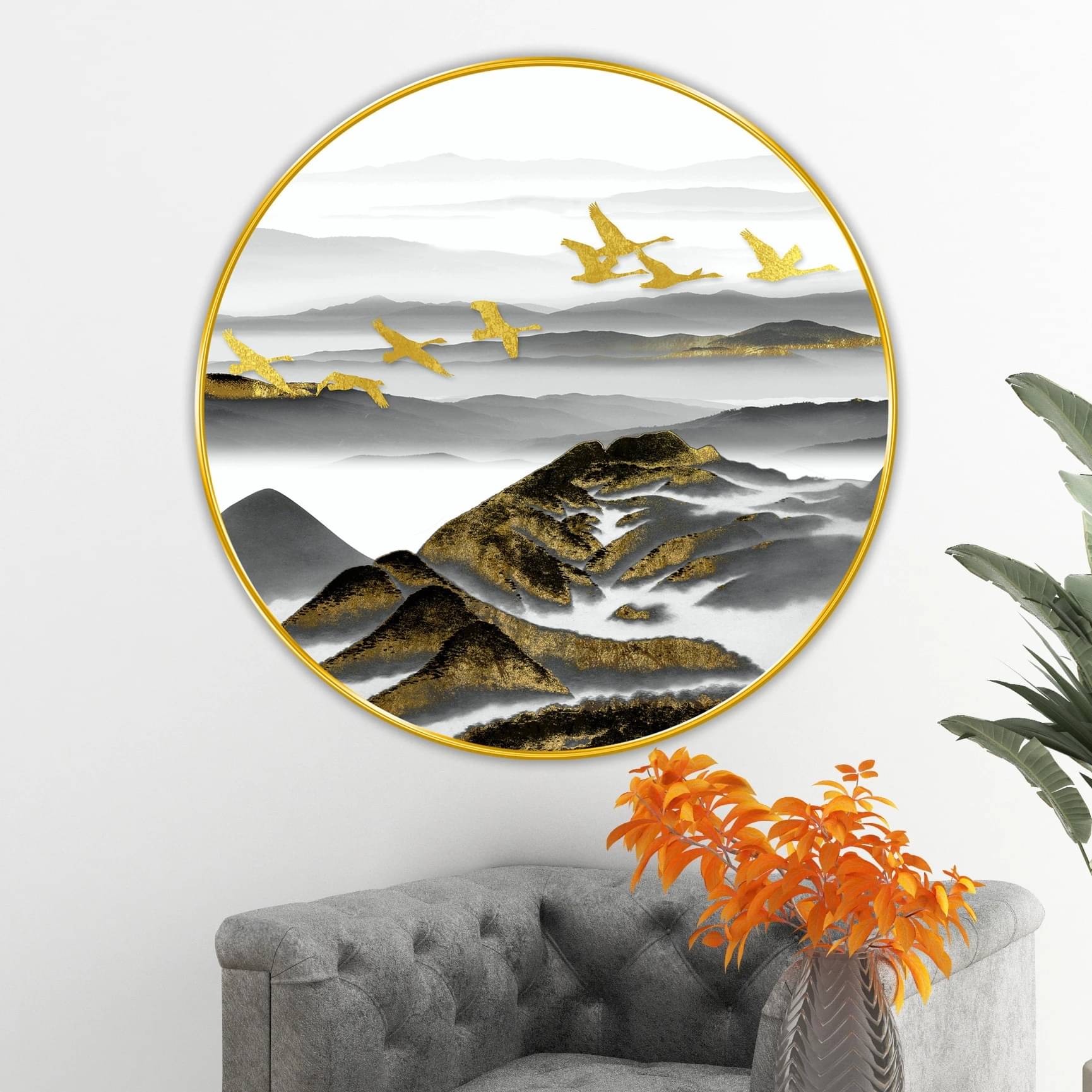     			Livin'luxe paintings Abstract flying birds modern art Premium Sparkle lamination Golden Slim Frame 40 cm x 40 cm Large Size