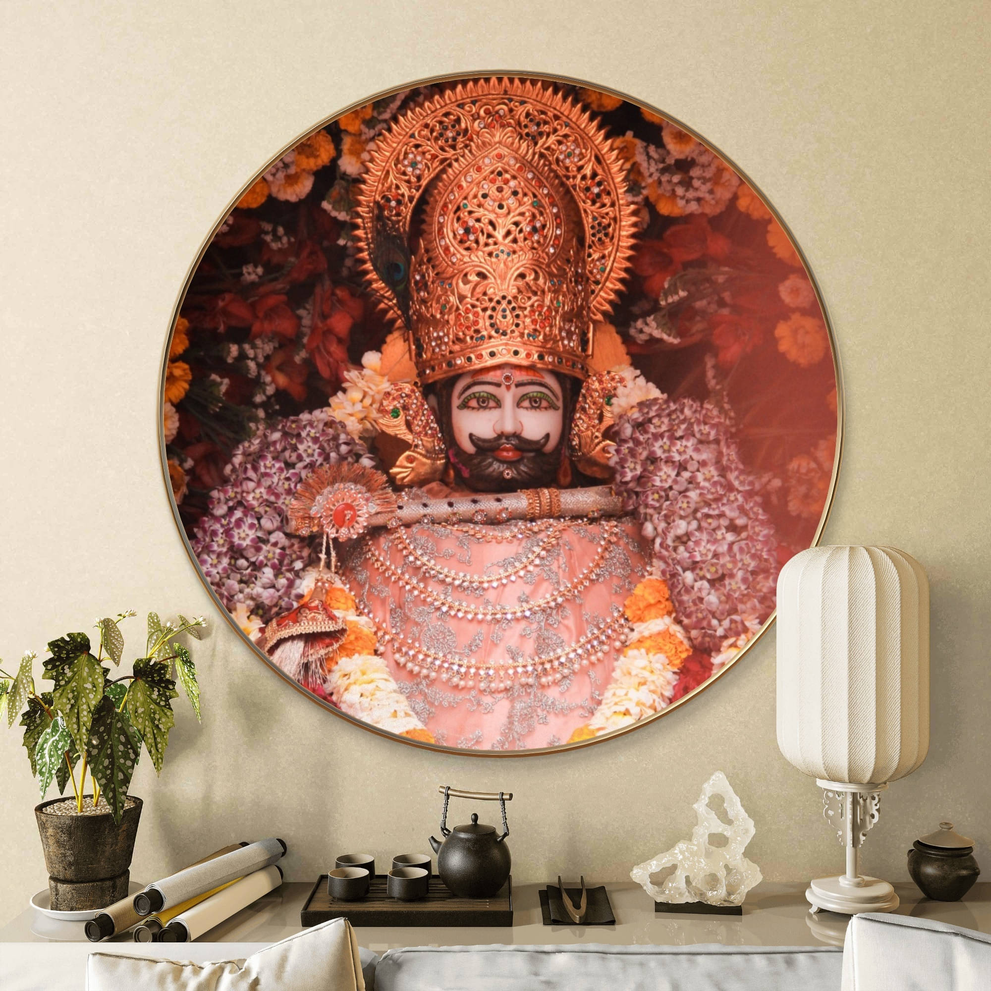 Livin'luxe paintings Khatushyam Ji Wall Painting with Frame - Sparkle Glossy Round Golden Framed Large Painting for Office     			Livin'luxe paintings Khatushyam Ji Wall Painting with Frame - Sparkle Glossy Round Golden Framed Large Painting for Office