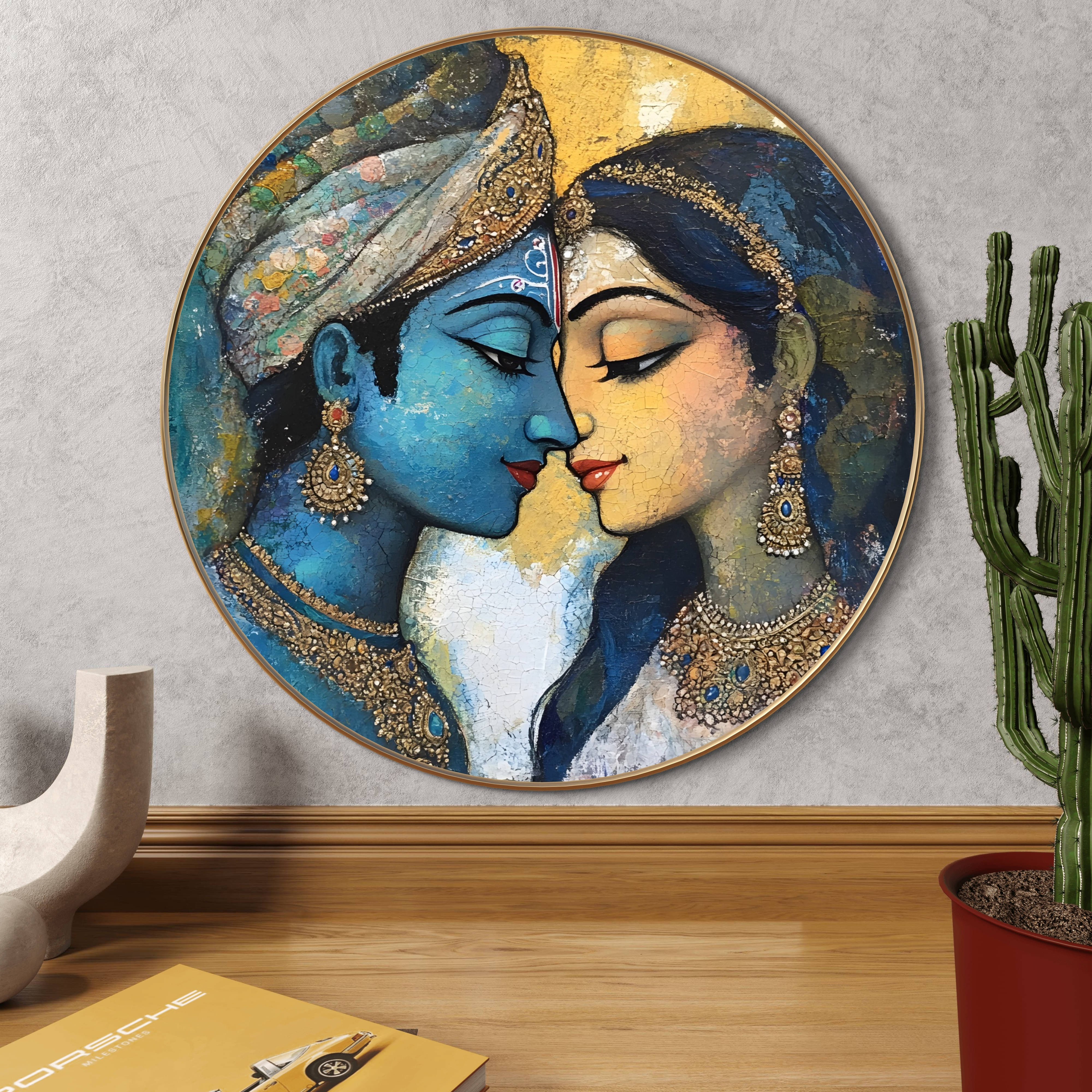     			Livin'luxe paintings Krishna and Radha Abstract Wall Painting with Frame - Sparkle Glossy Round Golden Framed Large Painting for Office