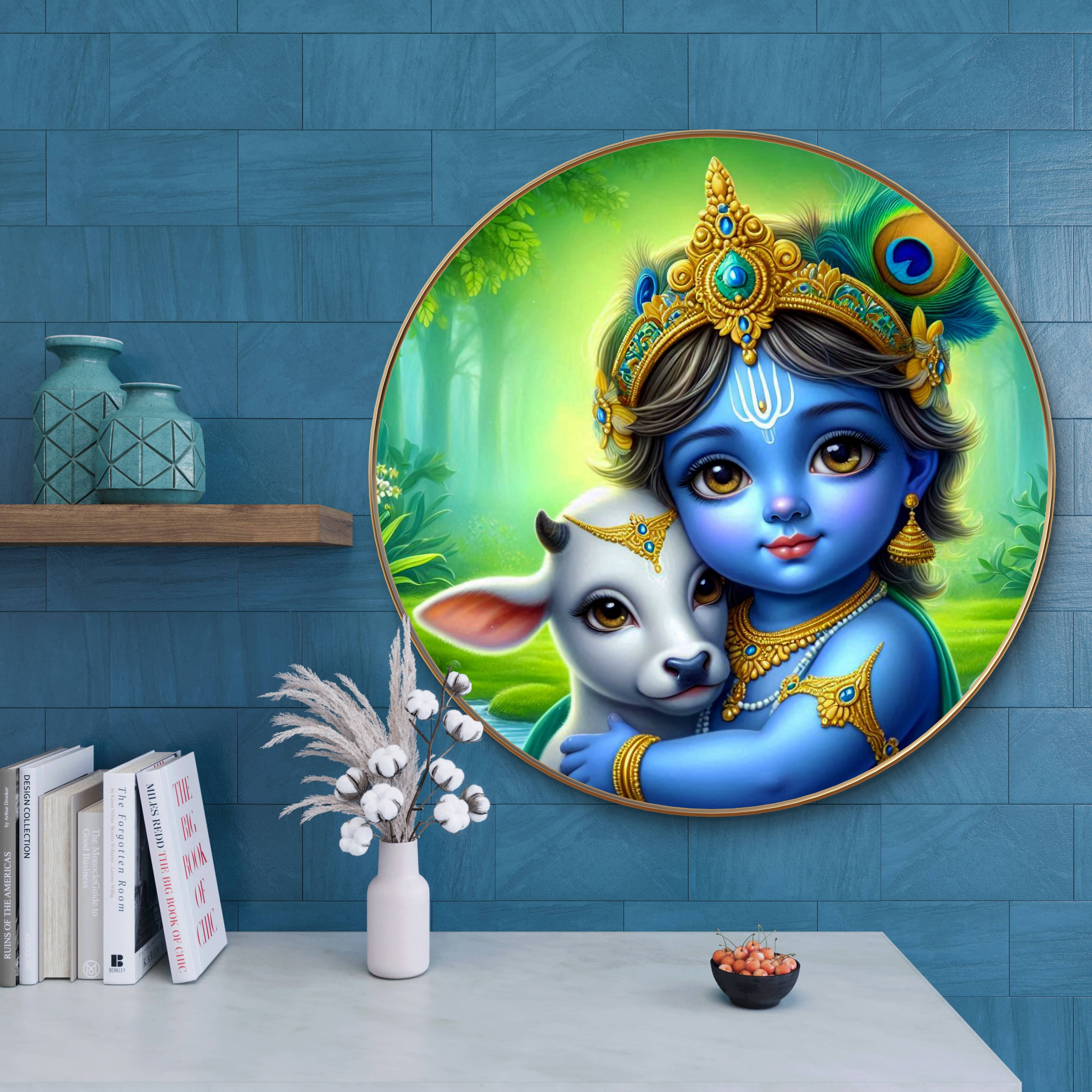 Livin'luxe paintings Little Krishna with Calf Wall Painting with Frame - Sparkle Glossy Round Golden Framed Large Painting for Office     			Livin'luxe paintings Little Krishna with Calf Wall Painting with Frame - Sparkle Glossy Round Golden Framed Large Painting for Office