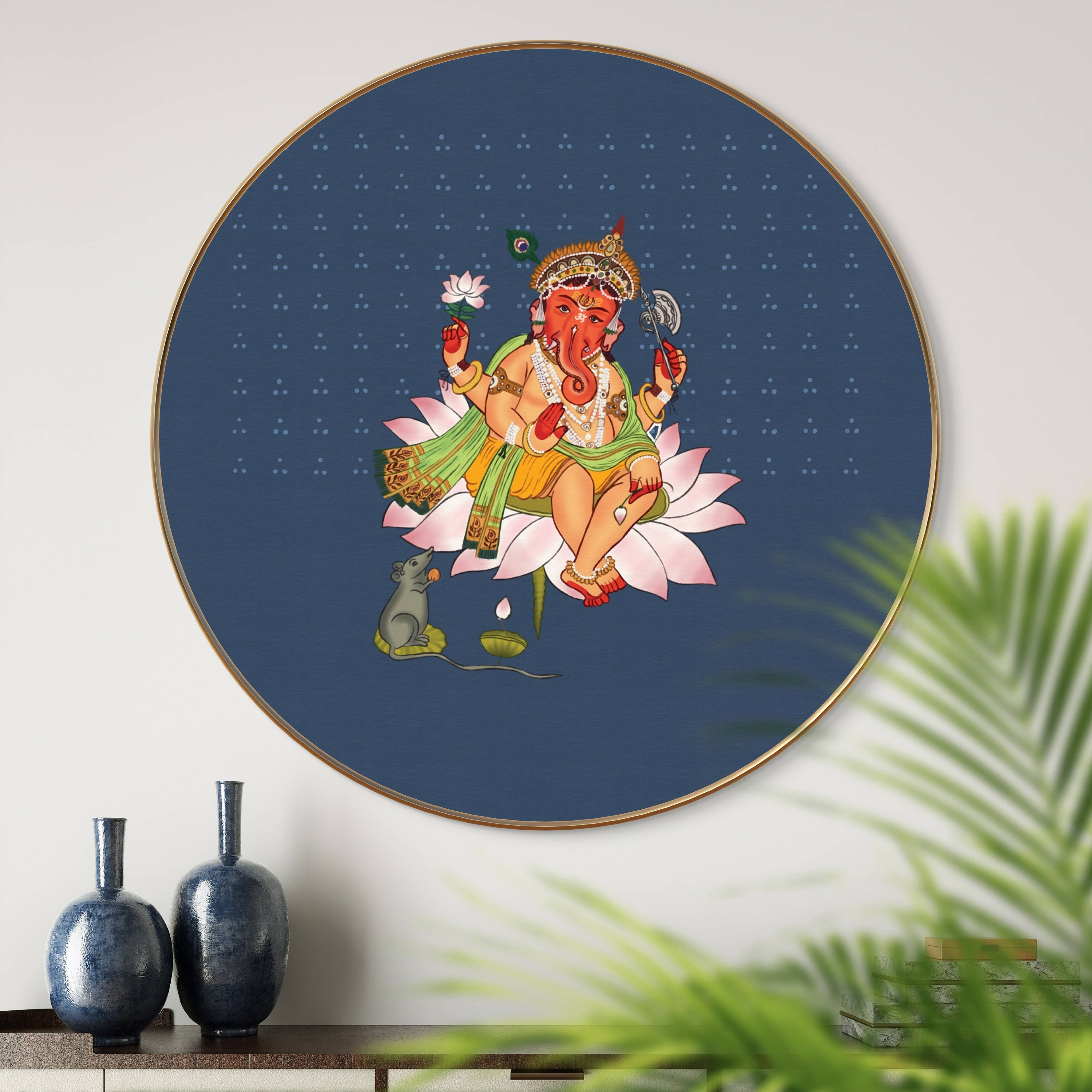     			Livin'luxe paintings Lord Ganesha on Lotus Wall Painting with Frame - Sparkle Glossy Round Golden Framed Large Painting for Office