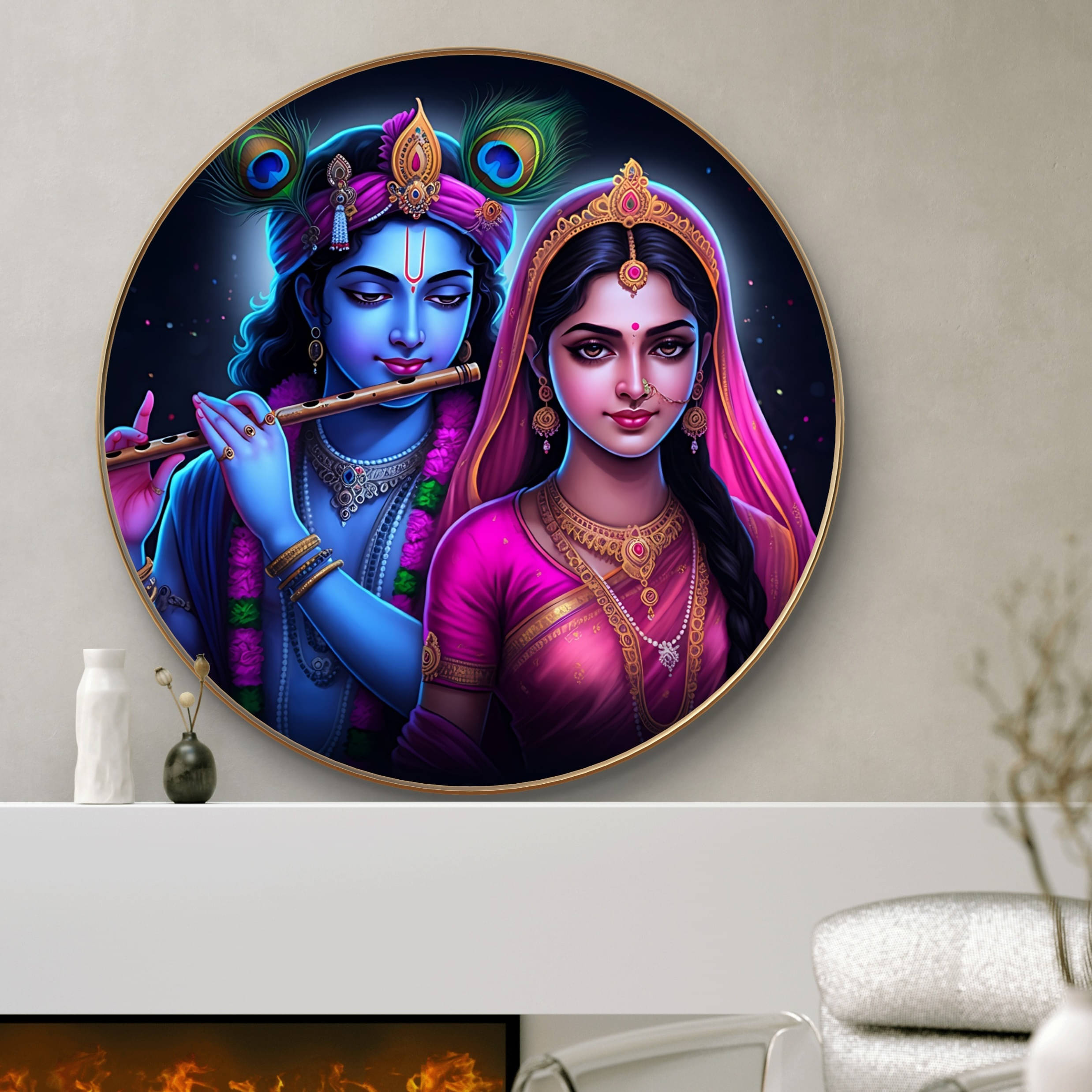 Livin'luxe paintings Radha Krishna Divine Love Wall Painting with Frame - Sparkle Glossy Round Golden Framed Large Painting for Office Livin'luxe paintings Radha Krishna Divine Love Wall Painting with Frame - Sparkle Glossy Round Golden Framed Large Painting for Office