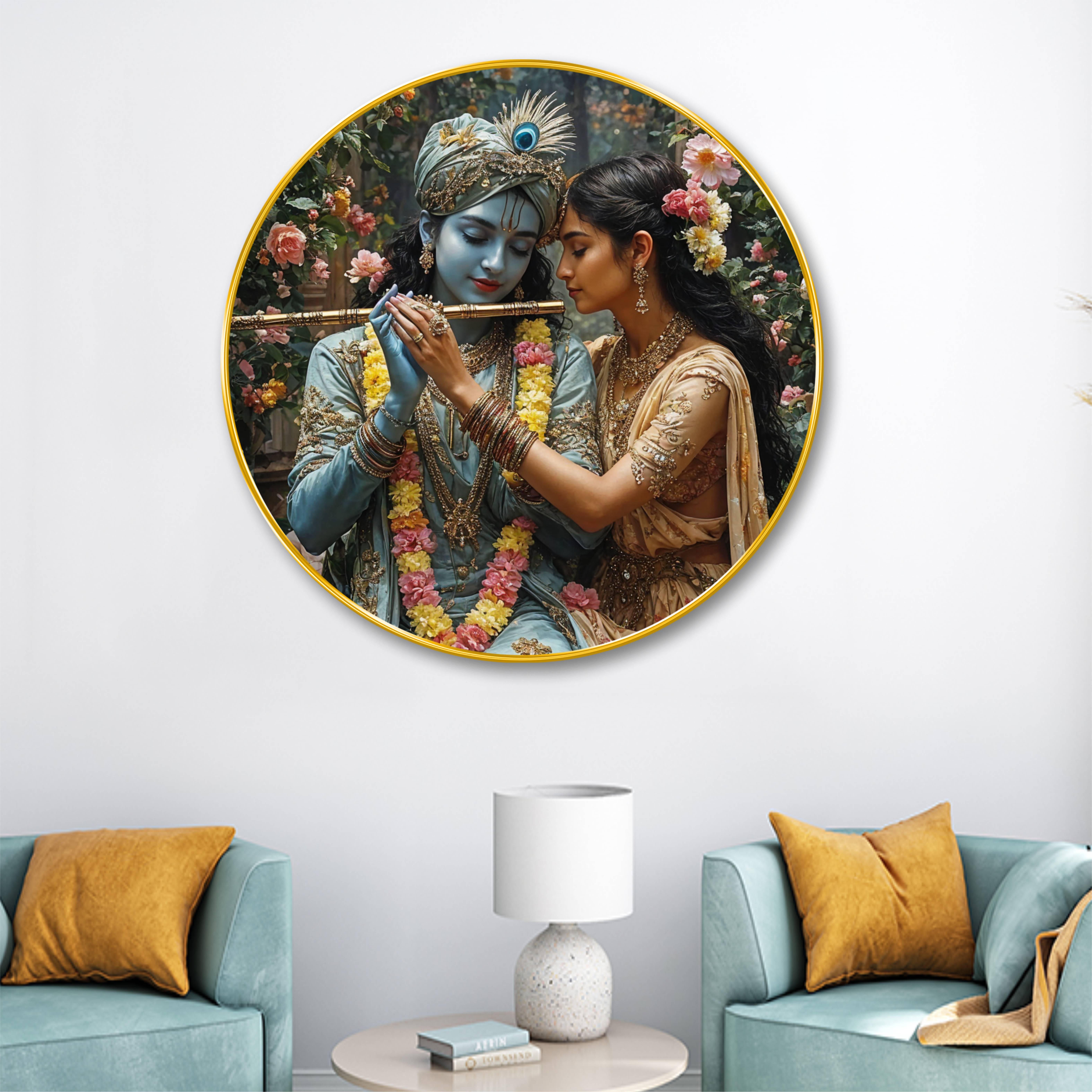     			Livin'luxe paintings Radha krishna religious modern art Premium Sparkle lamination Golden Slim Frame