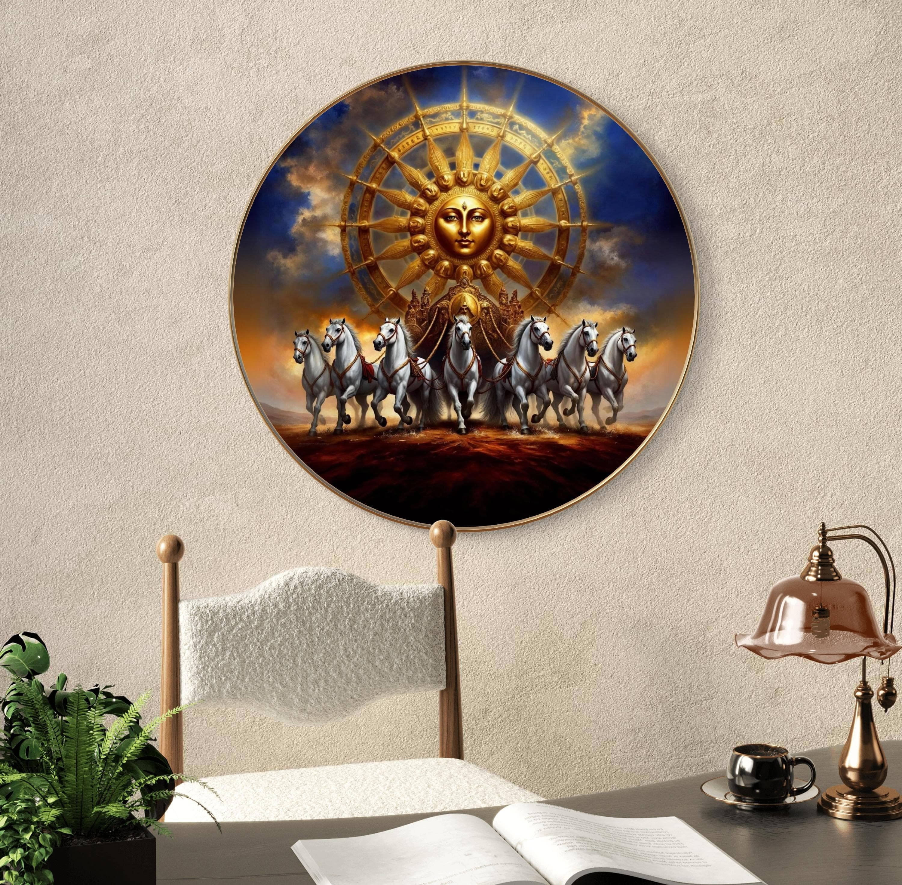     			Livin'luxe paintings Surya dev with 7 Running horses Wall Painting with Frame - Sparkle Glossy Round Golden Framed Large Painting for Office