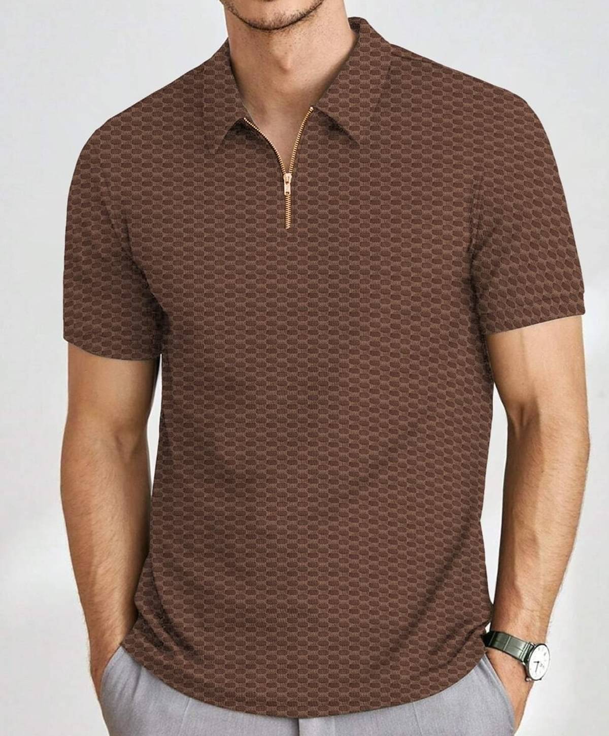 MAKEMODE Men Polyester Regular Fit Popcorn Textured Polo T Shirt ( Brown ) MAKEMODE Men Polyester Regular Fit Popcorn Textured Polo T Shirt ( Brown )