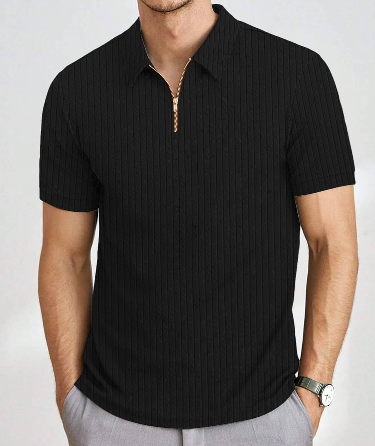     			MAKEMODE Men Polyester Regular Fit Self Design Polo T Shirt ( Black )