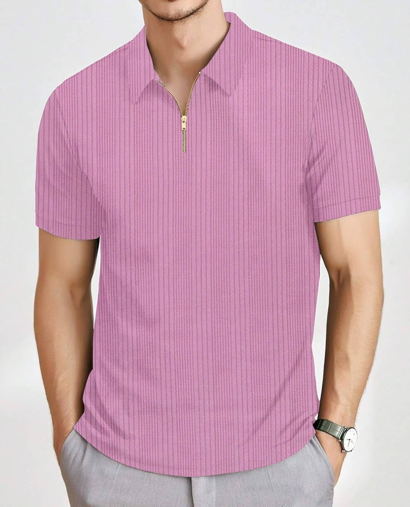 MAKEMODE Men Polyester Regular Fit Striped Polo T Shirt ( Light Pink ) MAKEMODE Men Polyester Regular Fit Striped Polo T Shirt ( Light Pink )
