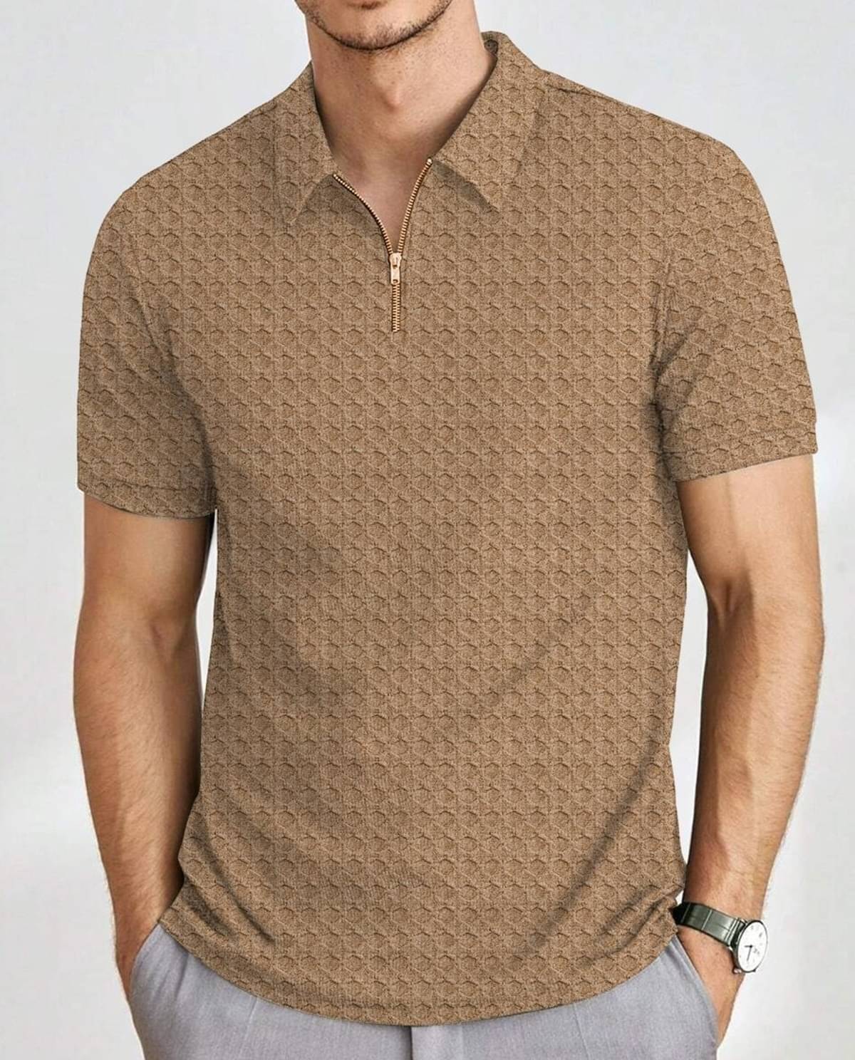 MAKEMODE Men Polyester Regular Fit Popcorn Textured Polo T Shirt ( Khaki ) MAKEMODE Men Polyester Regular Fit Popcorn Textured Polo T Shirt ( Khaki )