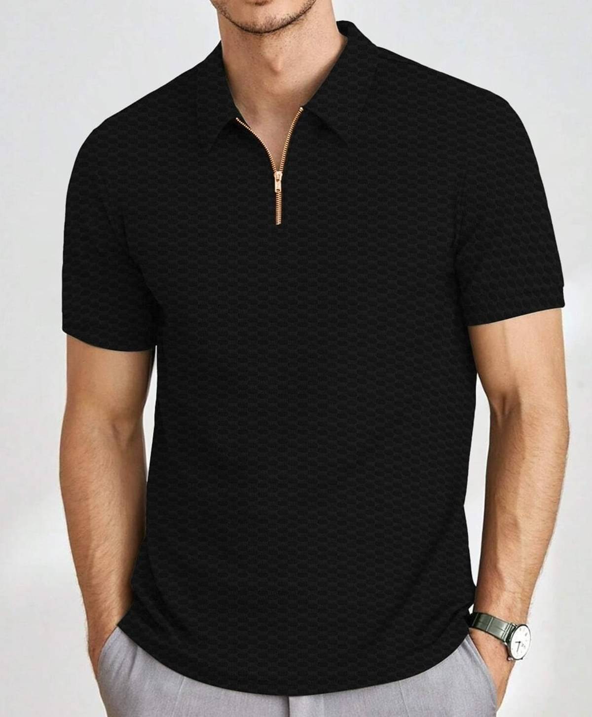 MAKEMODE Men Polyester Regular Fit Popcorn Textured Polo T Shirt ( Black ) MAKEMODE Men Polyester Regular Fit Popcorn Textured Polo T Shirt ( Black )