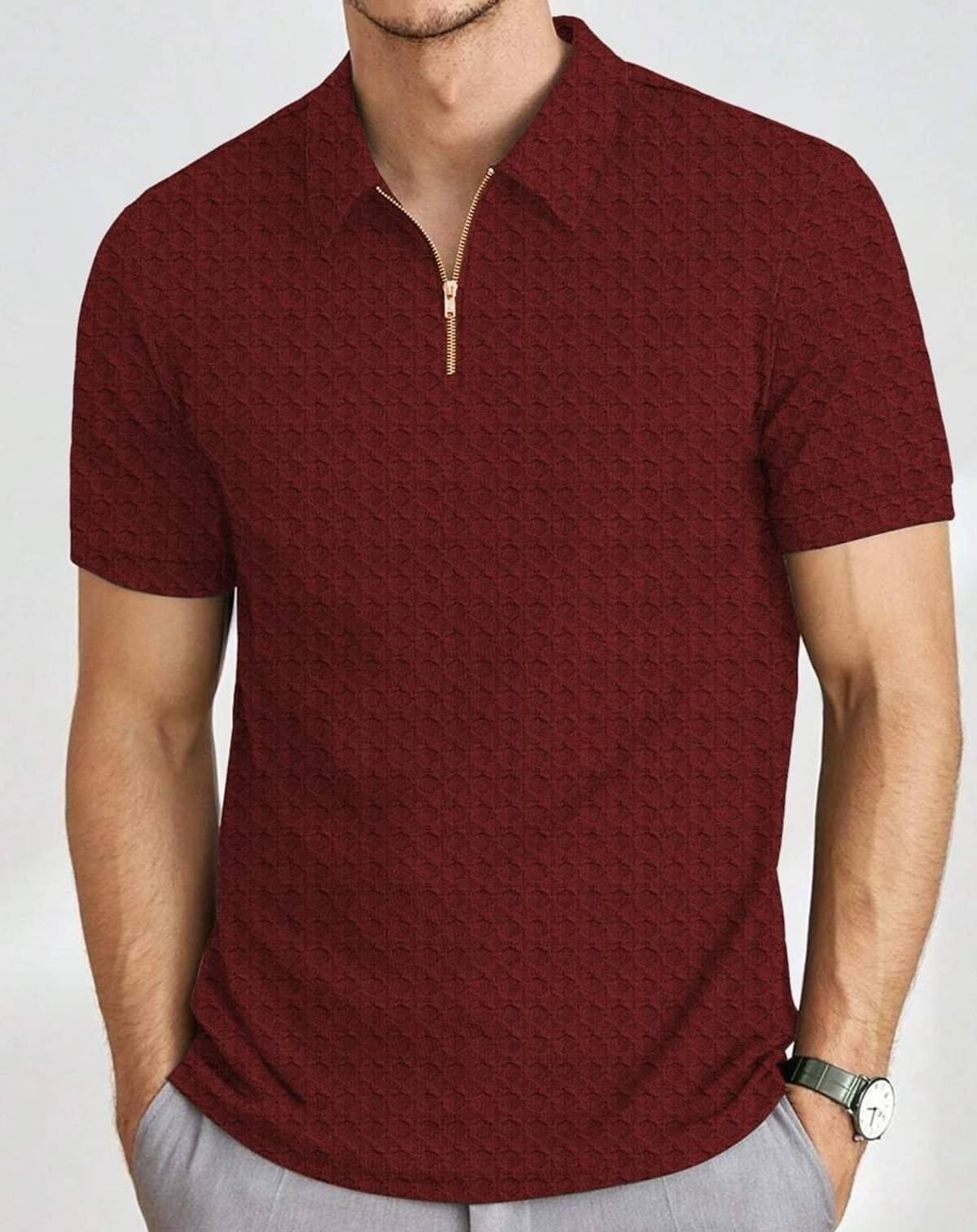     			MAKEMODE Men Polyester Regular Fit Popcorn Textured Polo T Shirt ( Maroon )