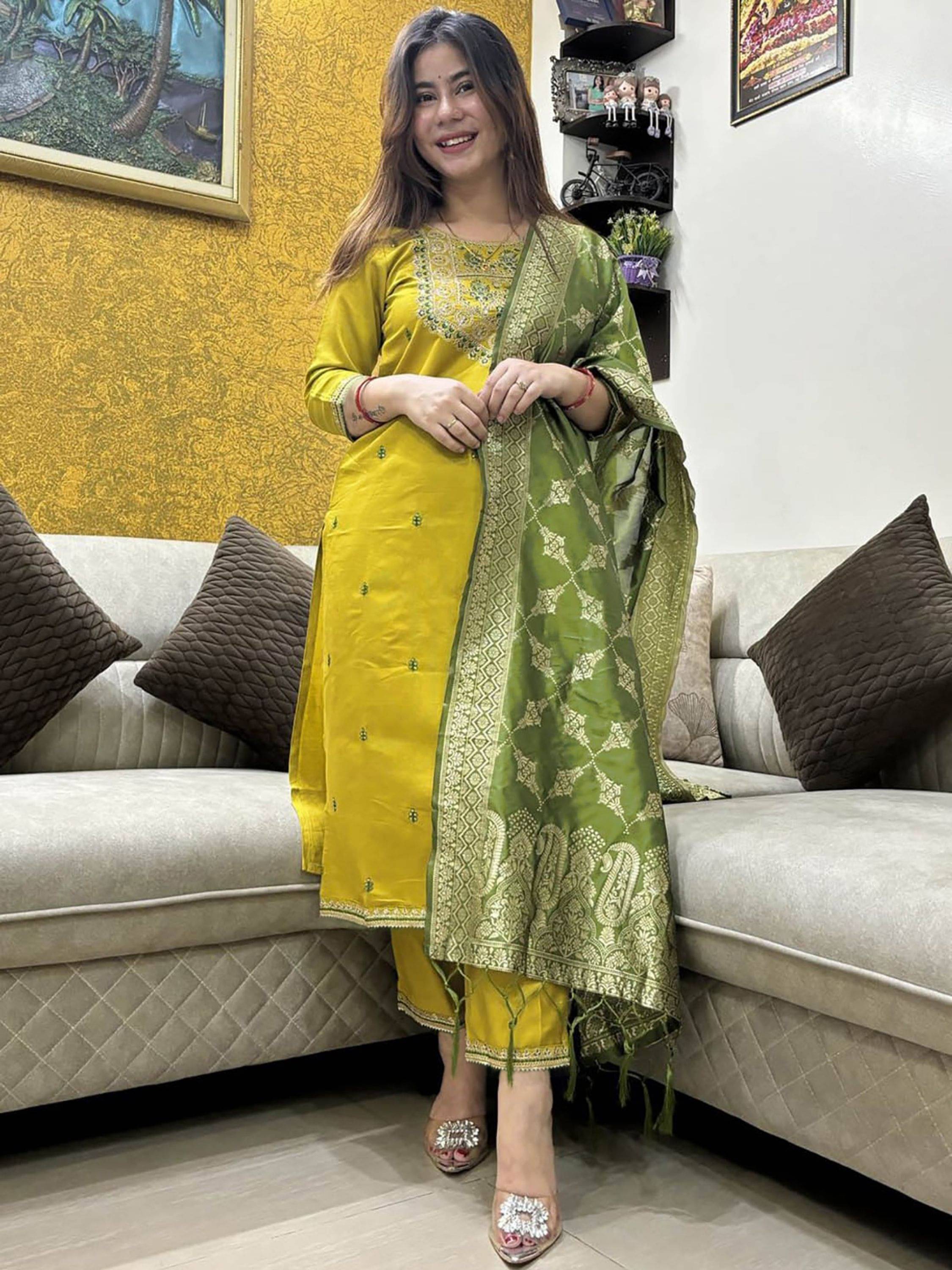     			Niza Fashion Women Silk Embroidered Straight Kurti With Pants ( Lime Green )