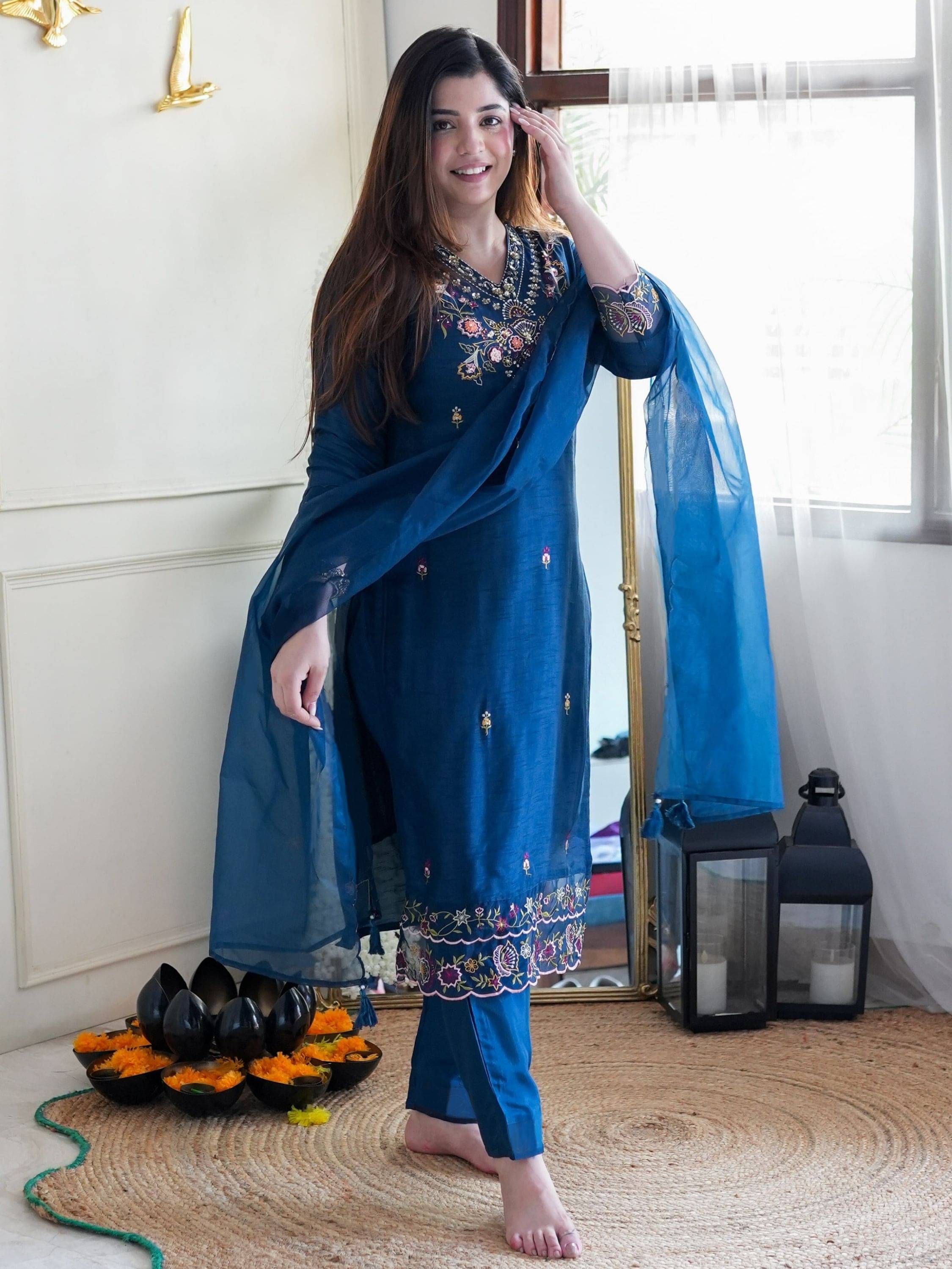 Niza Fashion Women Silk Embroidered Straight Kurti With Pants ( Turquoise ) Niza Fashion Women Silk Embroidered Straight Kurti With Pants ( Turquoise )