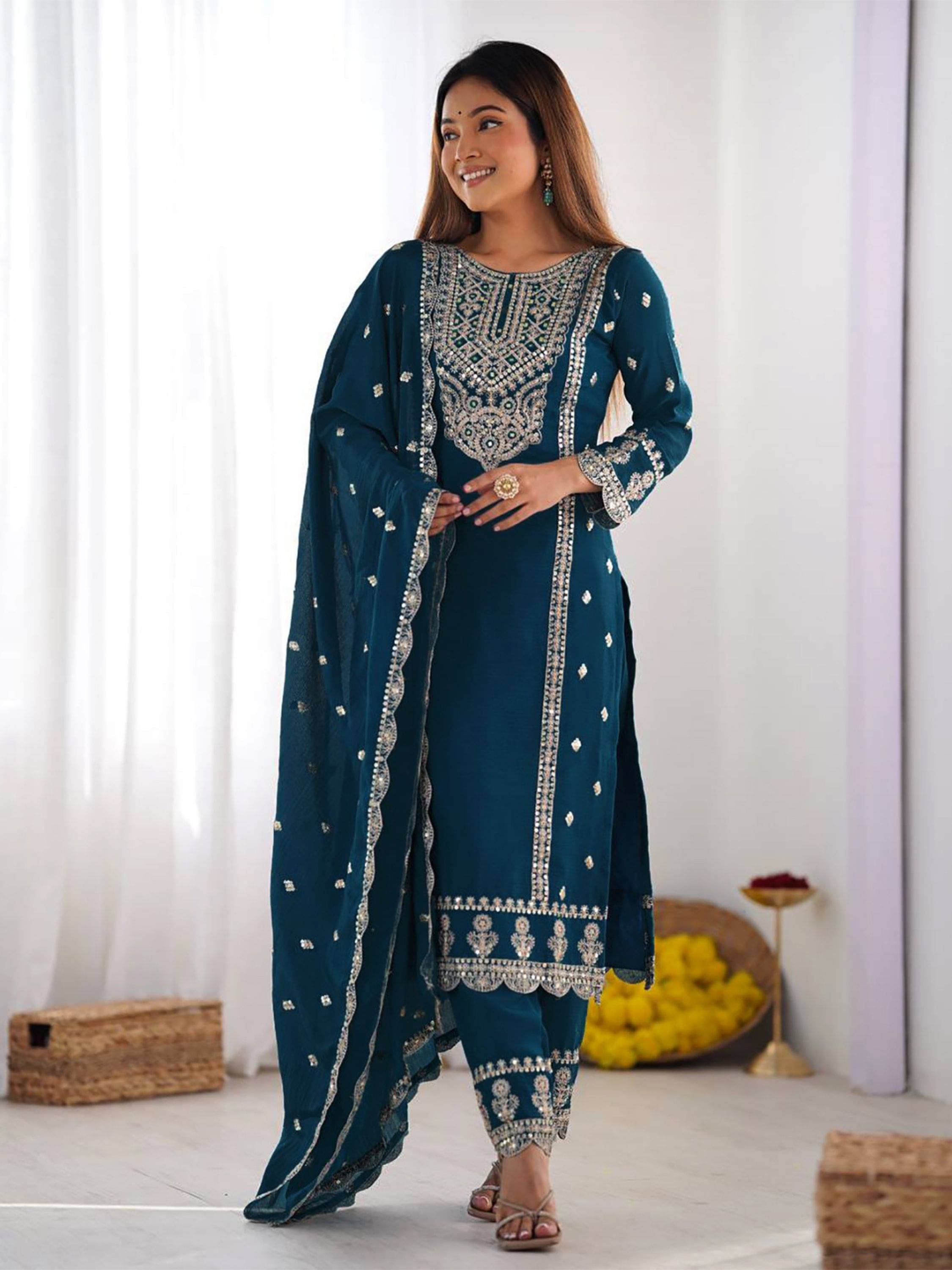     			Niza Fashion Women Silk Embroidered Straight Kurti With Pants ( Turquoise )