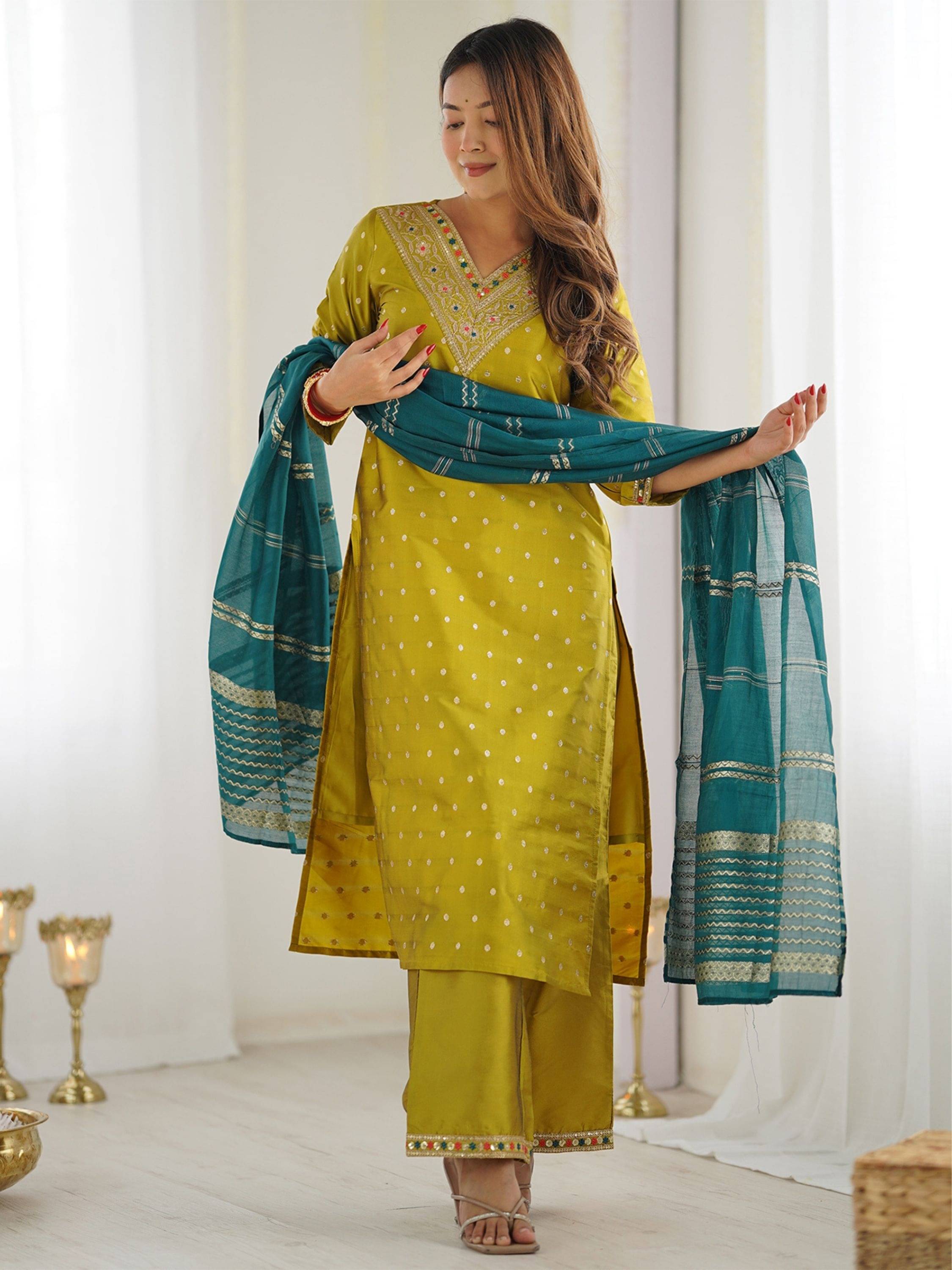     			Niza Fashion Women Silk Embroidered Straight Kurti With Palazzo ( Mustard )