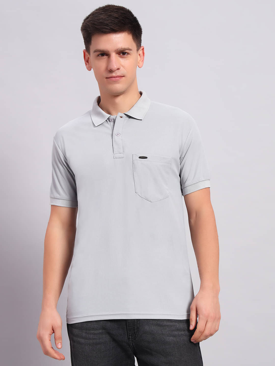     			Resilience Men Polyester Slim Fit Solid Polo T Shirt ( Silver )