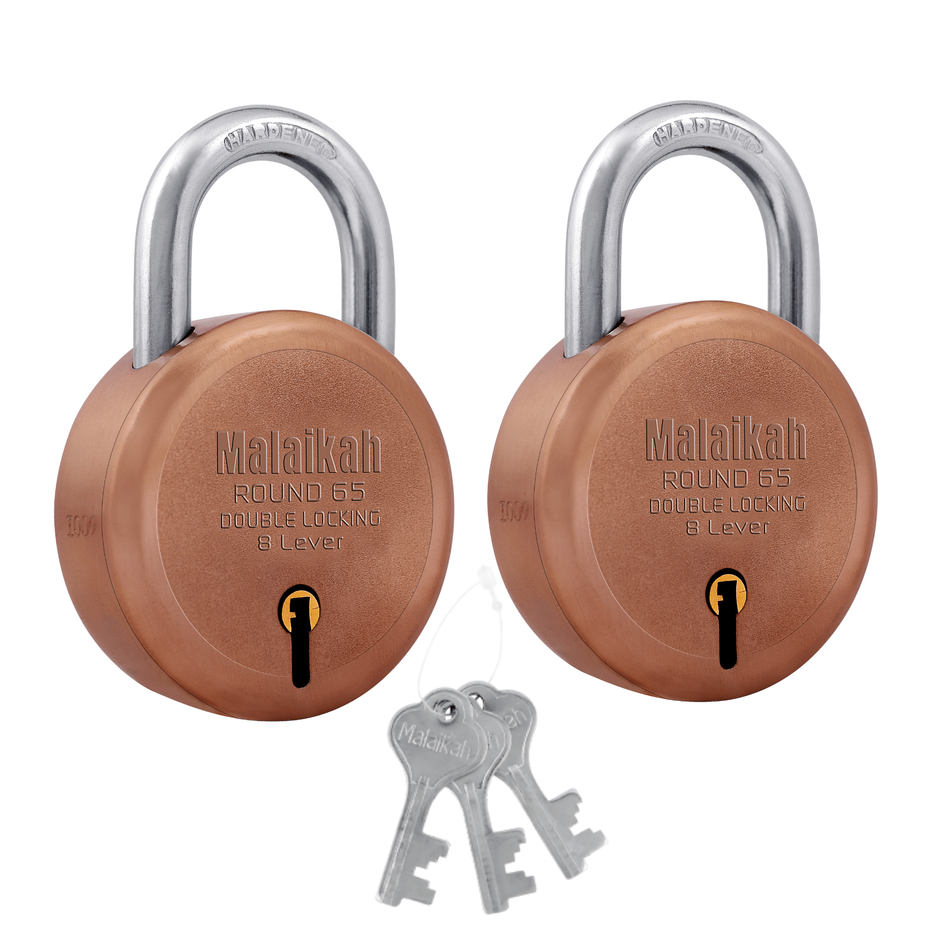 Malaikah Rose Gold Round 65 mm Padlock Common Key , Hardened Shackle , Double Locking 8 Lever , Comes with 3 Keys Pack of 2     			Malaikah Rose Gold Round 65 mm Padlock Common Key , Hardened Shackle , Double Locking 8 Lever , Comes with 3 Keys Pack of 2