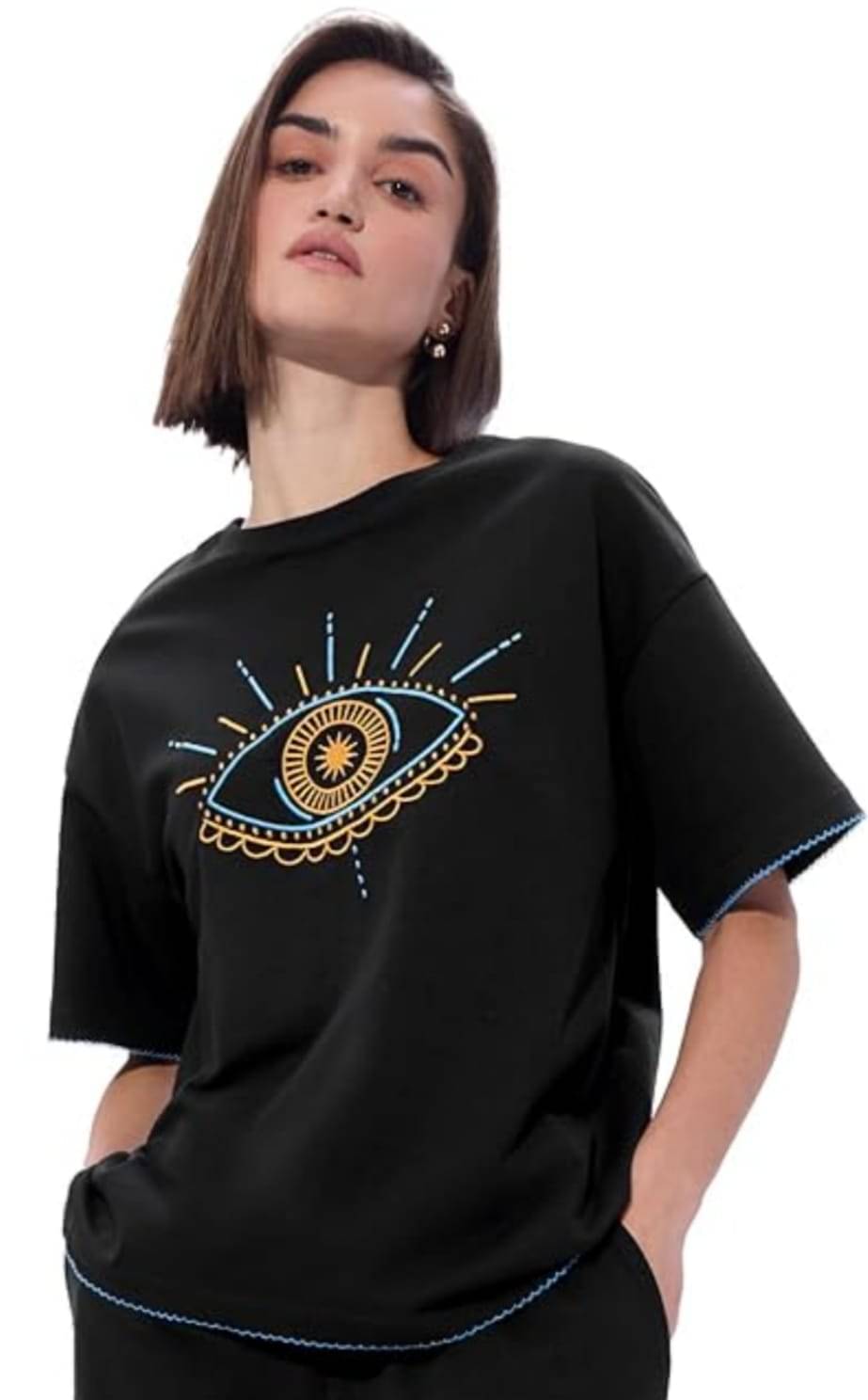 SF 33 Women Cotton Blend Printed Oversized Fit Round Neck T-Shirt ( Black ) SF 33 Women Cotton Blend Printed Oversized Fit Round Neck T-Shirt ( Black )